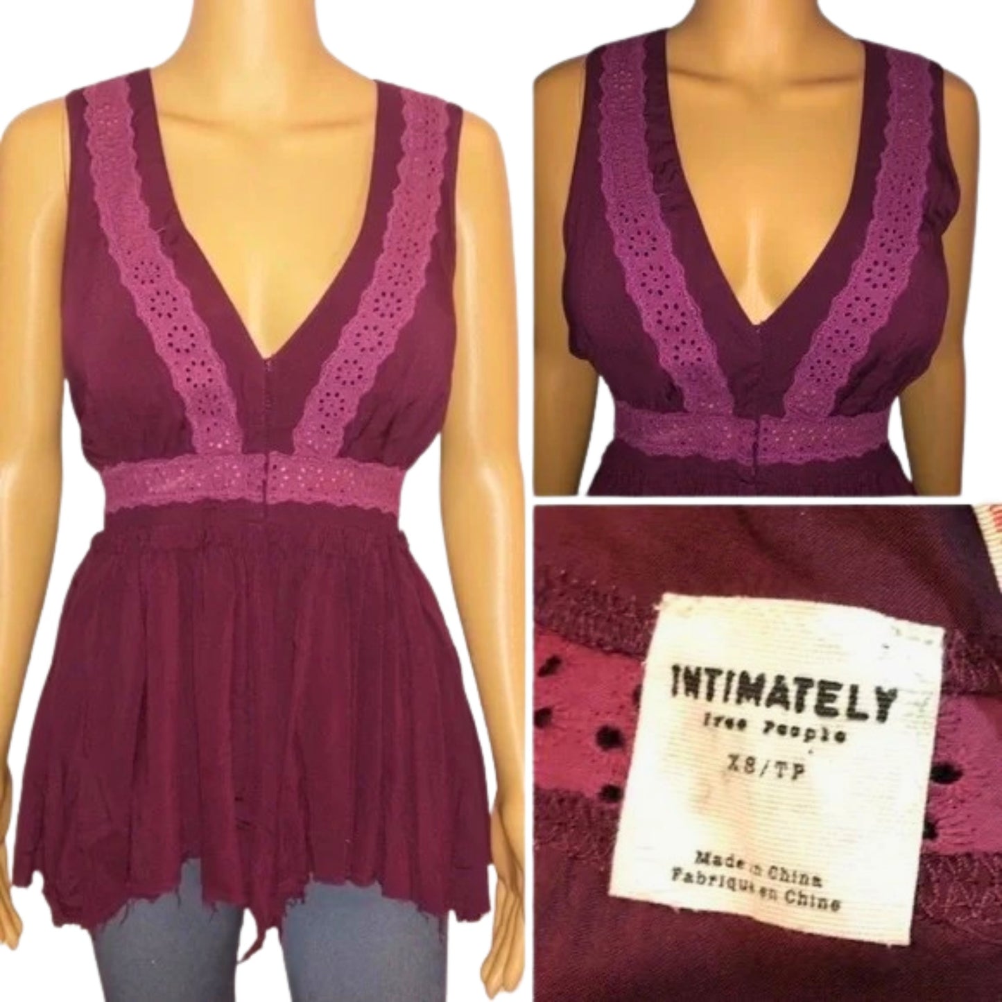 Maroon sleeveless top on a mannequin with close-up details and brand label.
