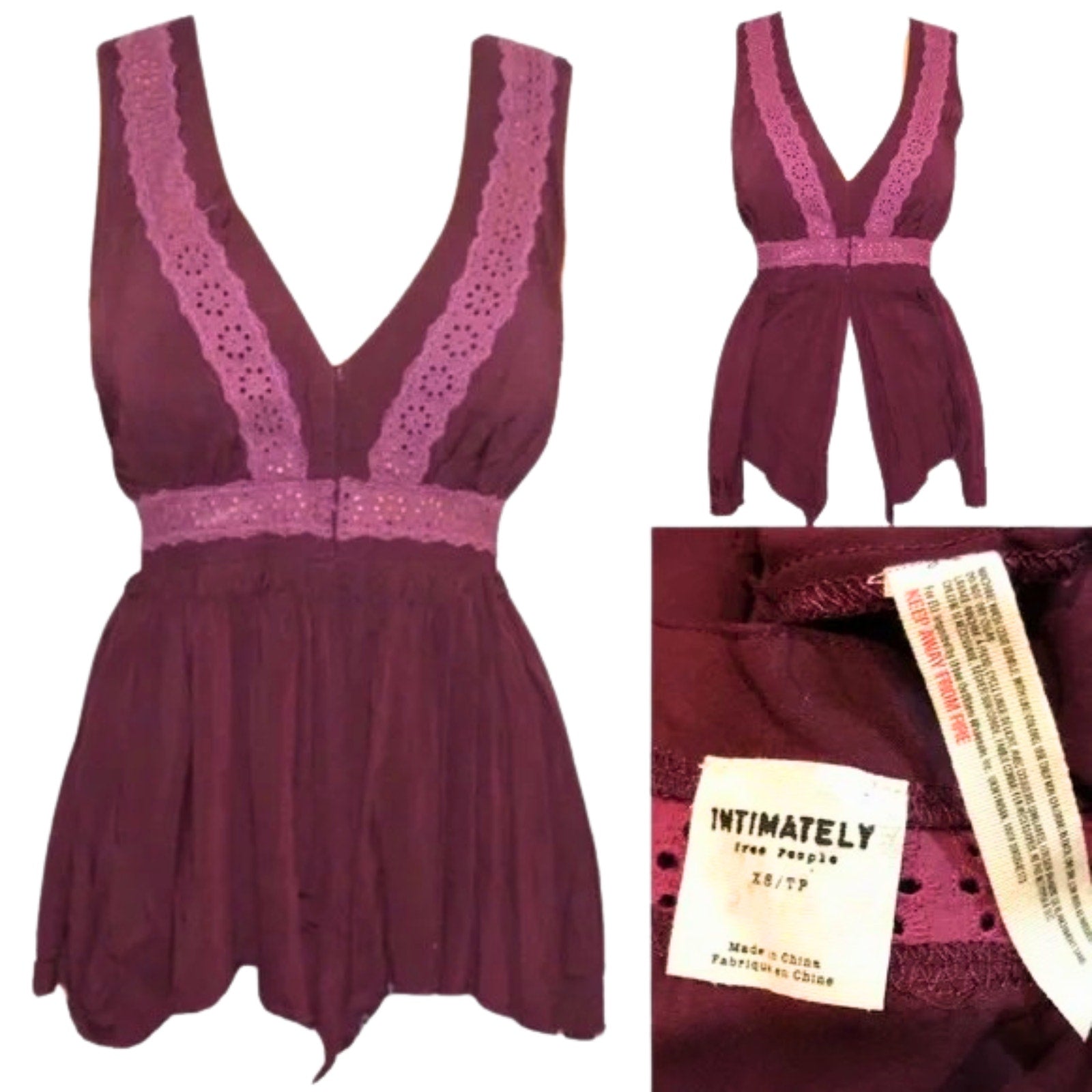 Maroon romper with lace details and brand label on a white background