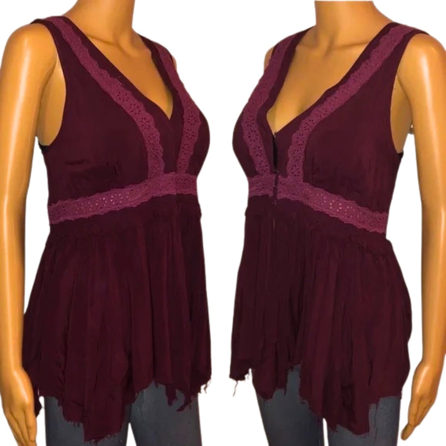 Two maroon sleeveless tops with lace details on a white background