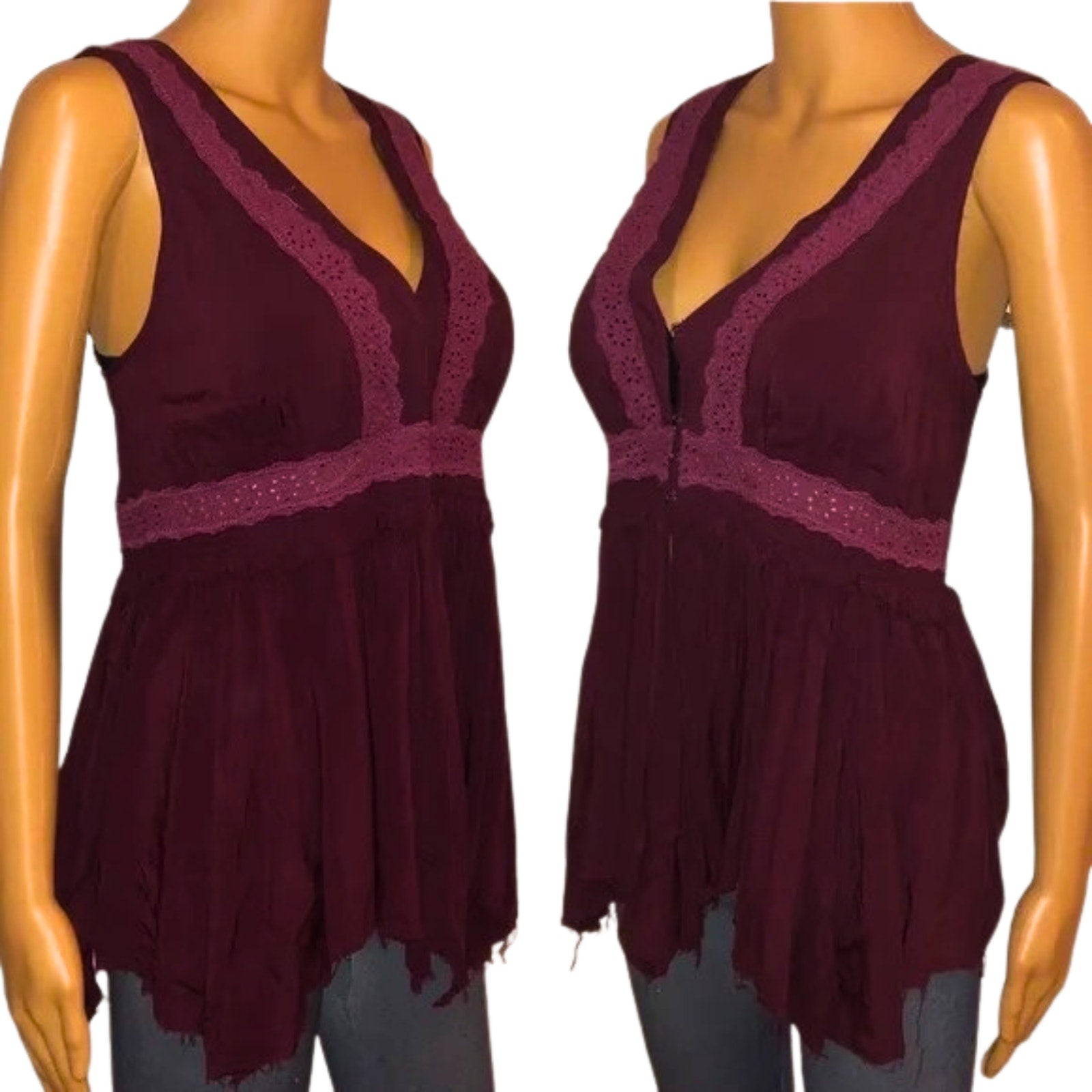 Two maroon sleeveless tops with lace details on a white background