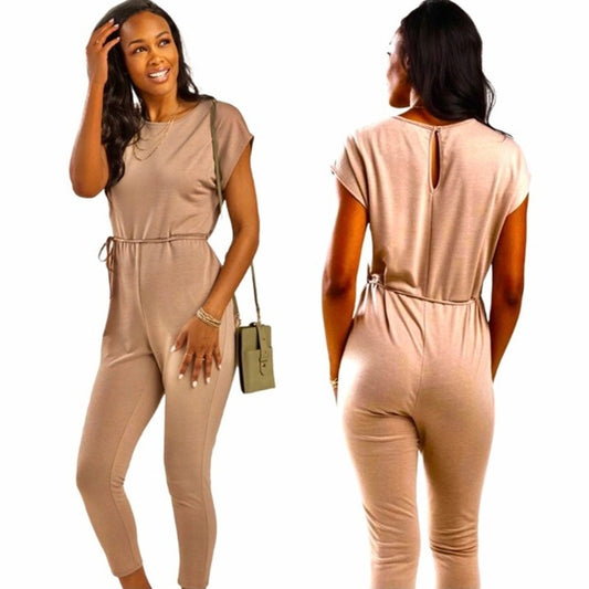 Woman wearing a beige jumpsuit, shown from front and back, on a white background.