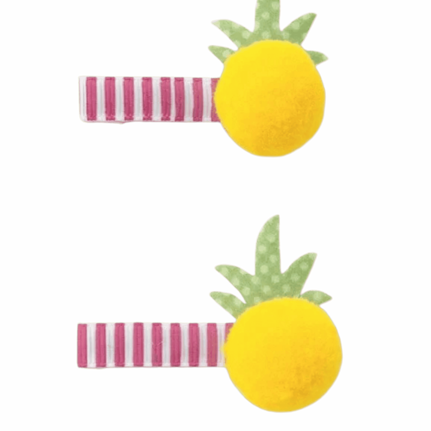 Two pineapple-shaped hair clips with pink and white stripes on a green background
