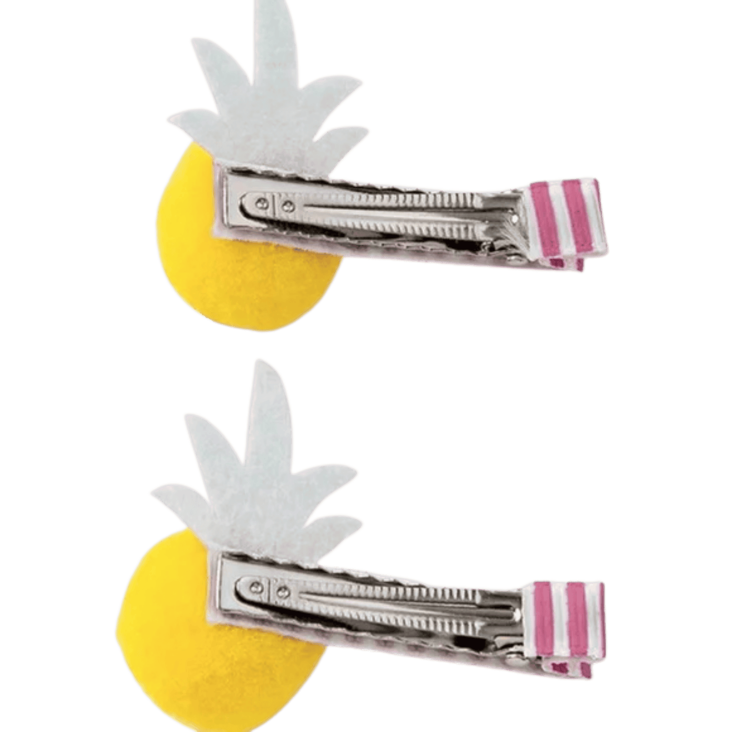 Two pineapple-shaped hair clips with yellow bases and pink and white striped clips on a transparent background.