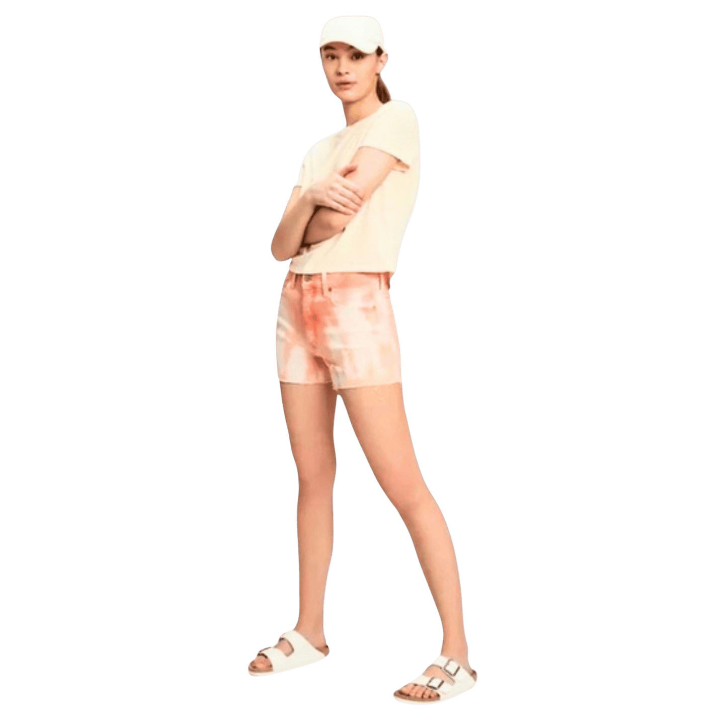 Woman wearing a light-colored top and shorts with a cap on a transparent background