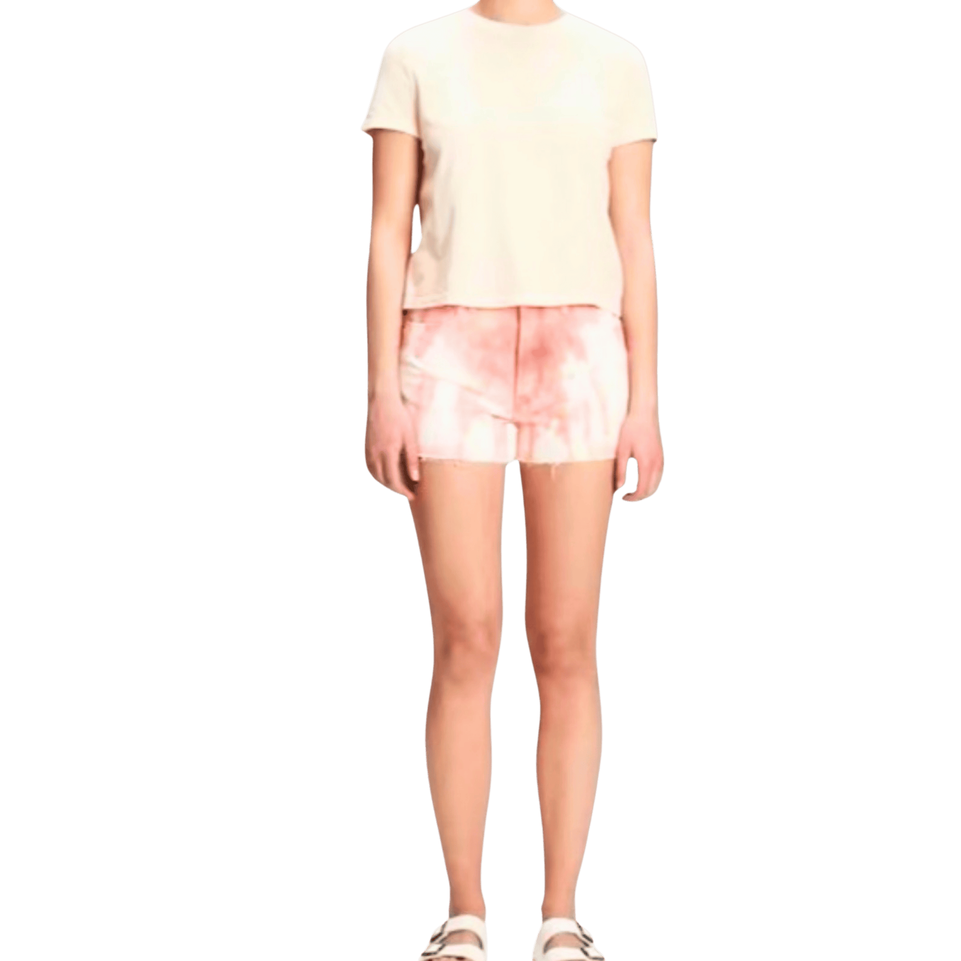 Person wearing a light-colored t-shirt and tie-dye shorts on a transparent background
