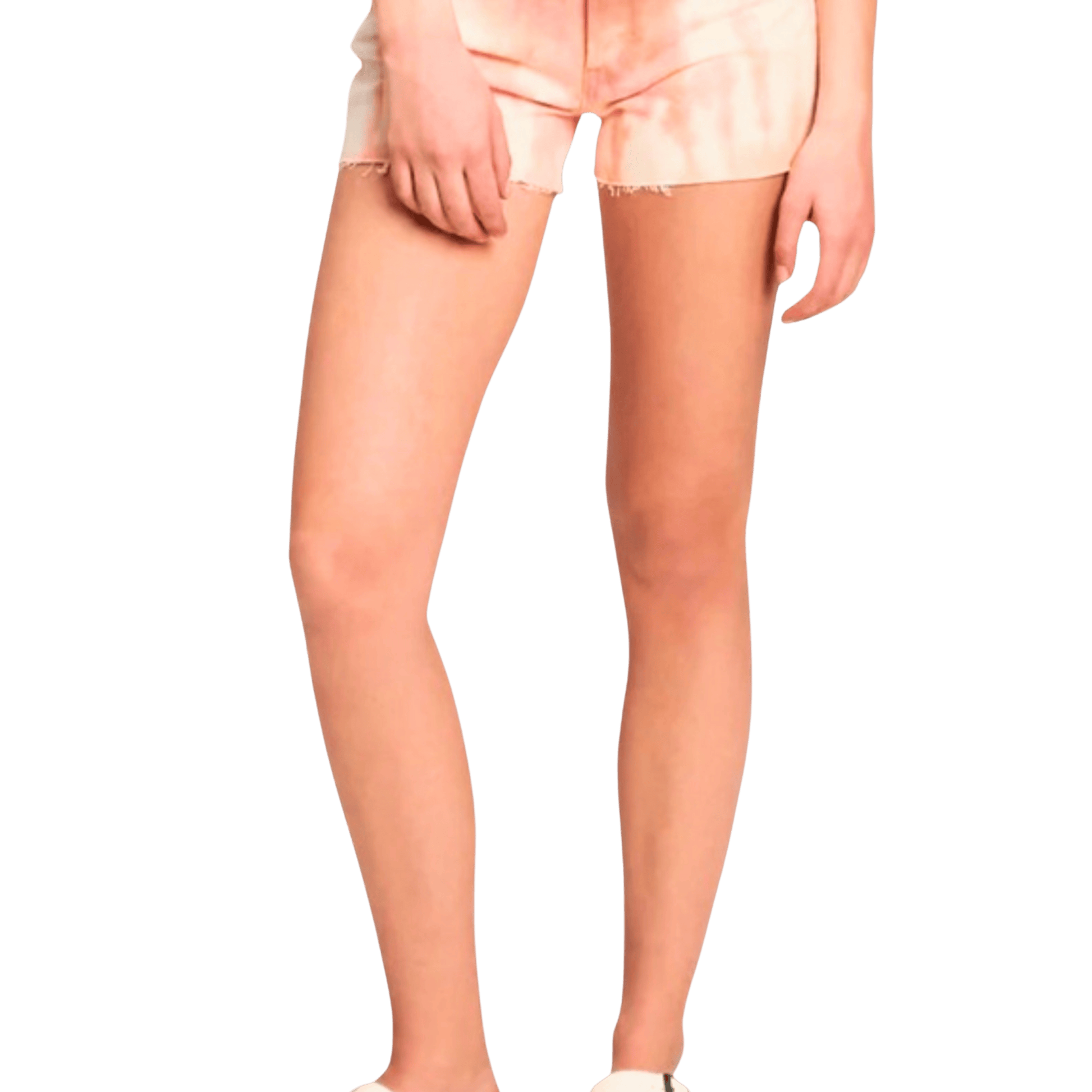 Transparent background with a person wearing light-colored shorts.