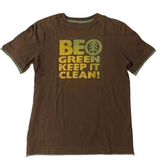 Brown t-shirt with yellow text and logo on a white background