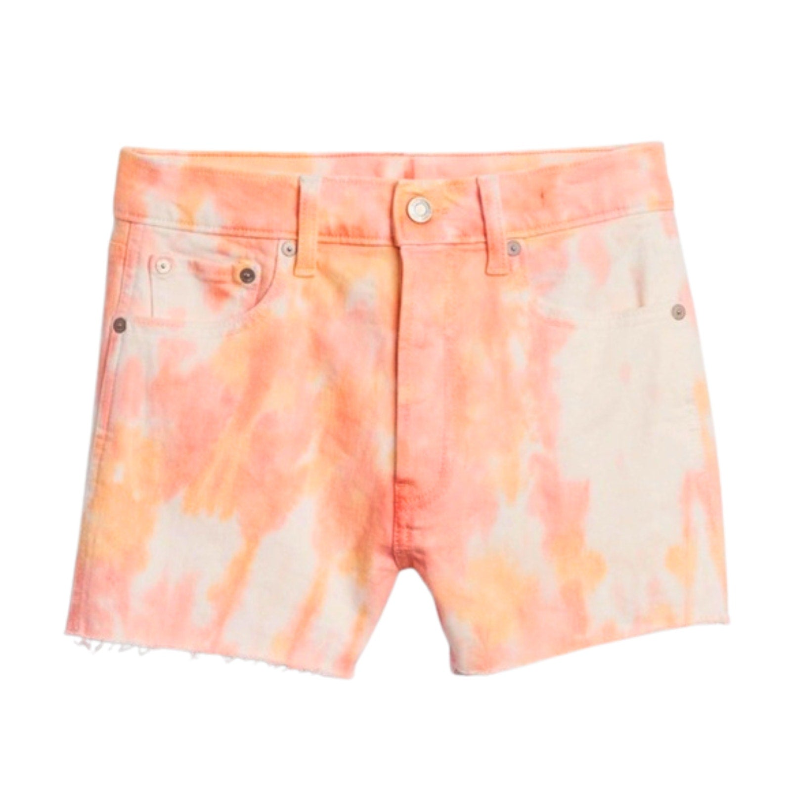Tie-dye shorts with orange and white pattern on a white background