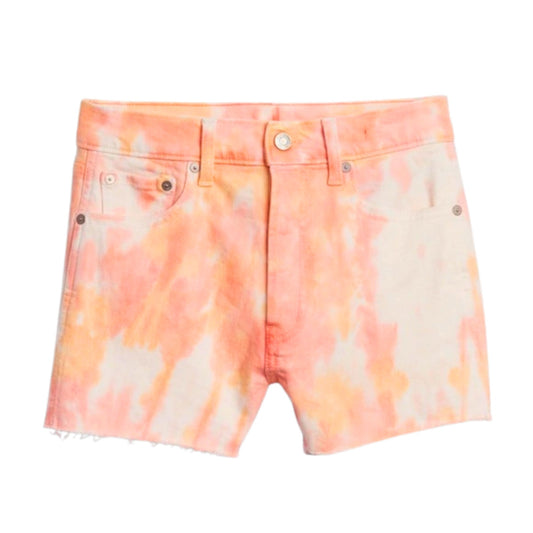 Tie-dye shorts with orange and white pattern on a white background