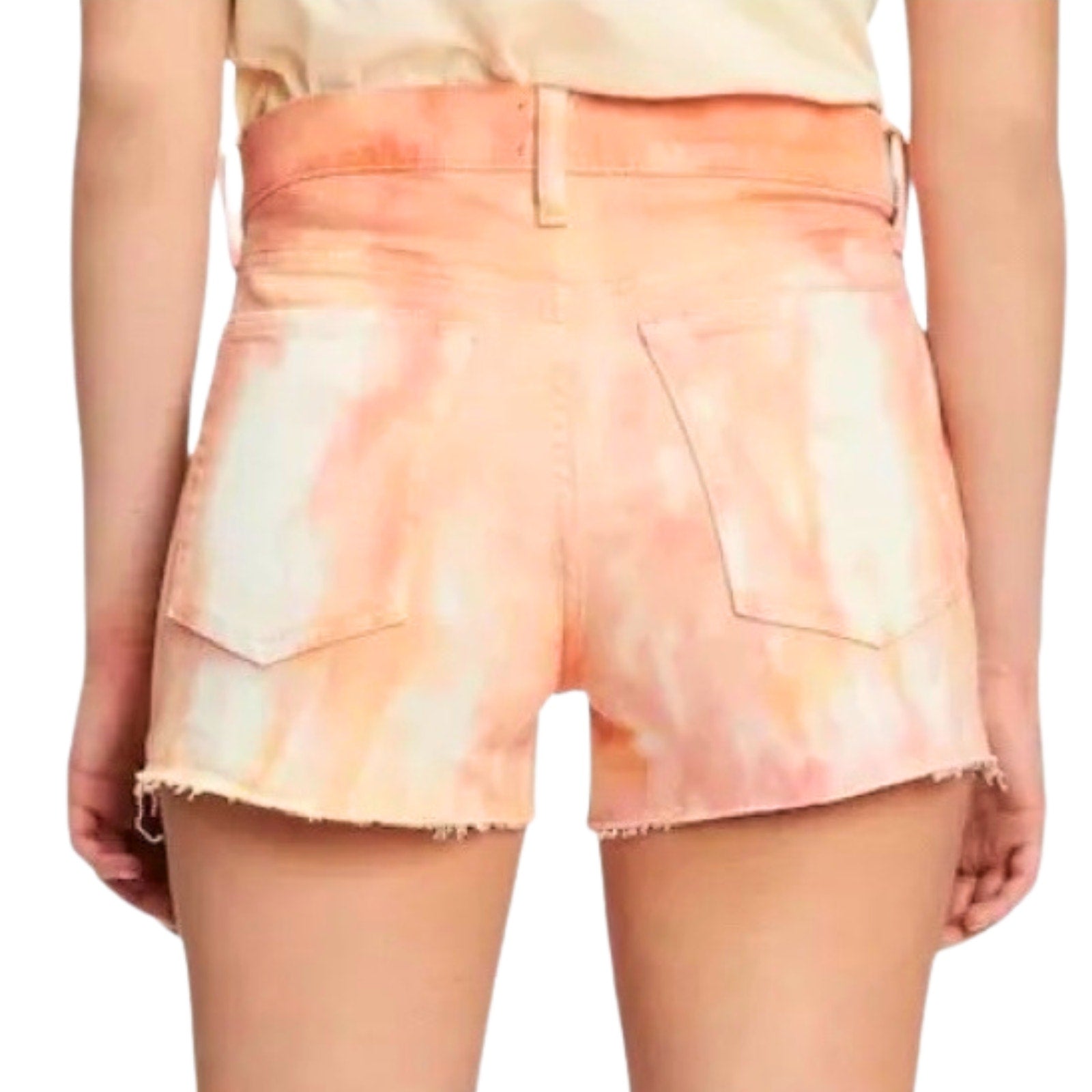 Tie-dye shorts worn by a person on a white background