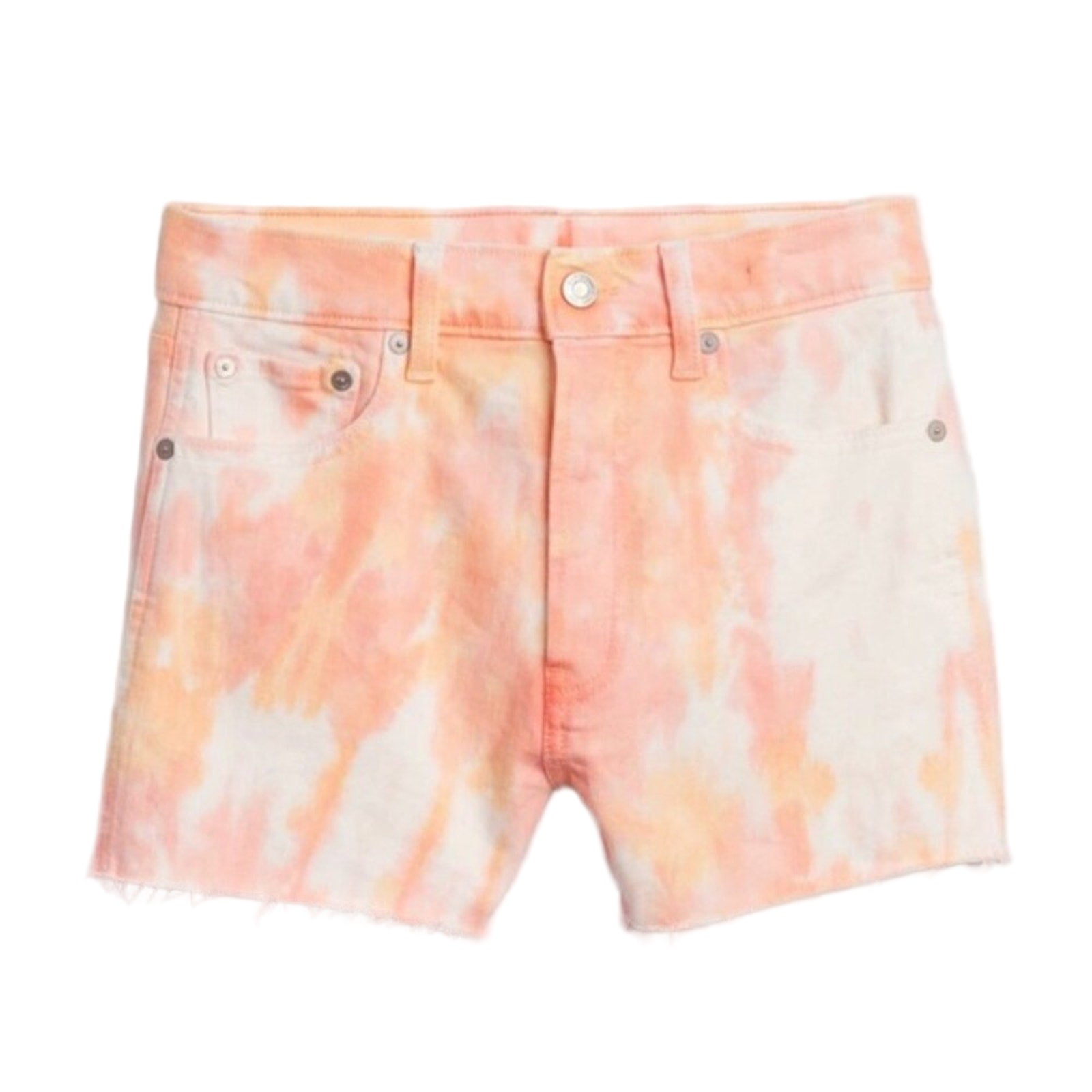 Tie-dye denim shorts with a light gray background