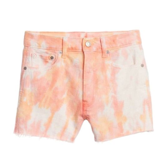 Tie-dye denim shorts with a light gray background