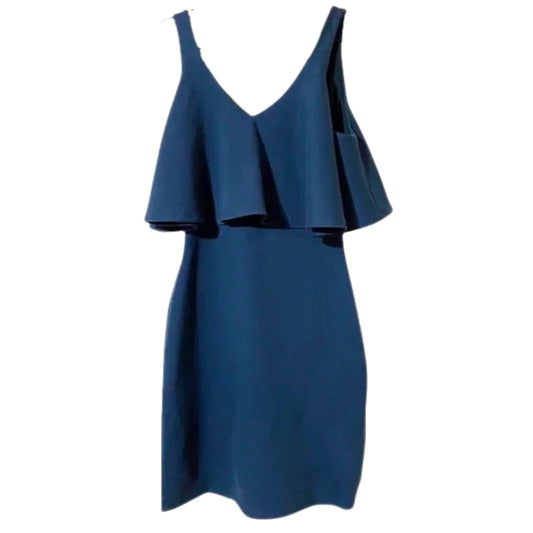 Blue dress with ruffled top on a white background