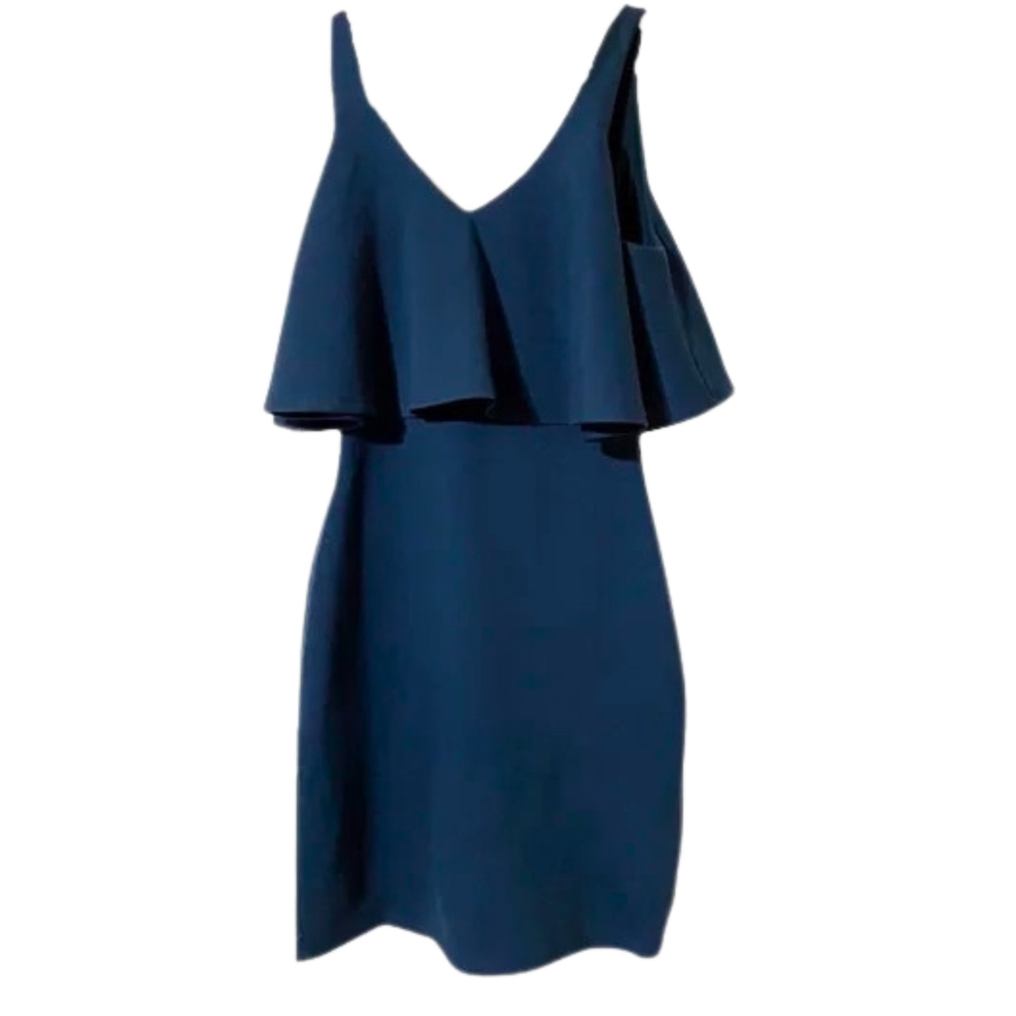 Blue dress with ruffled details on a white background