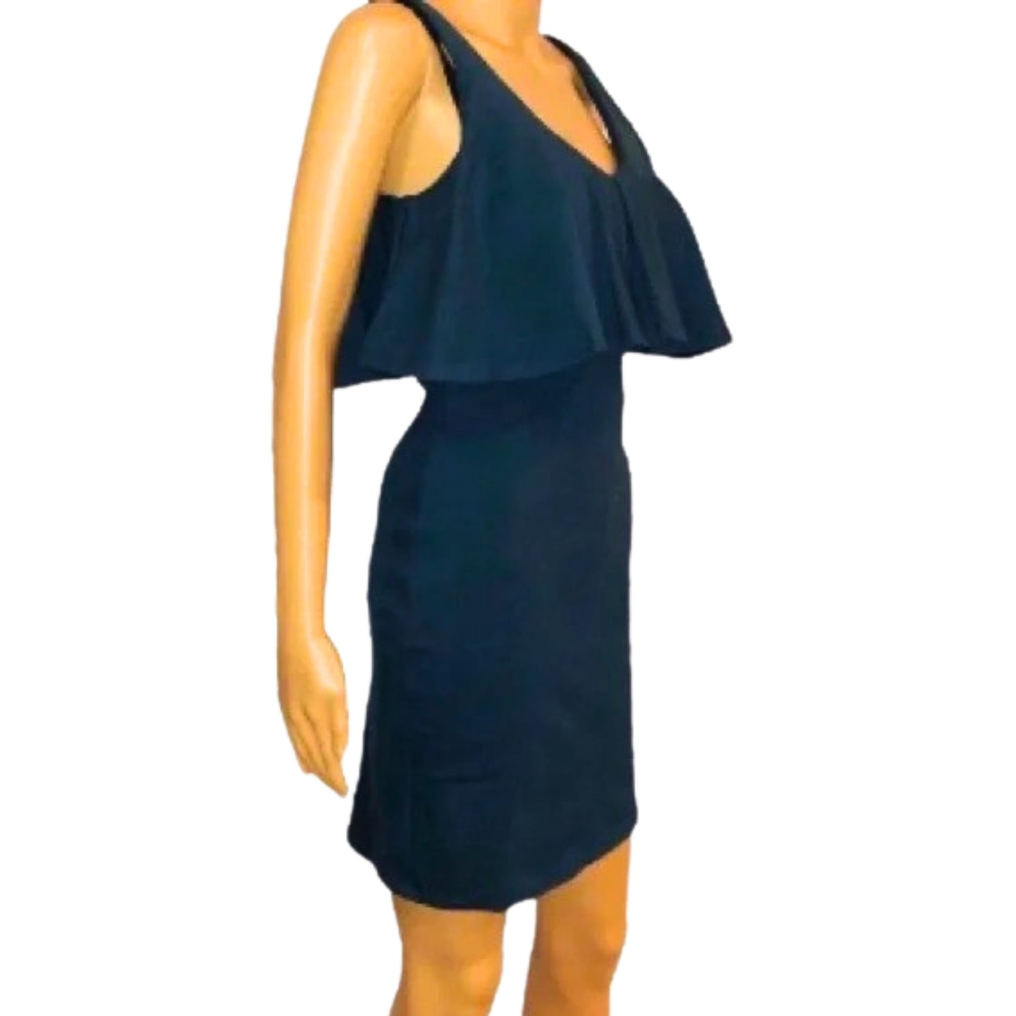 Navy blue dress on a mannequin against a white background