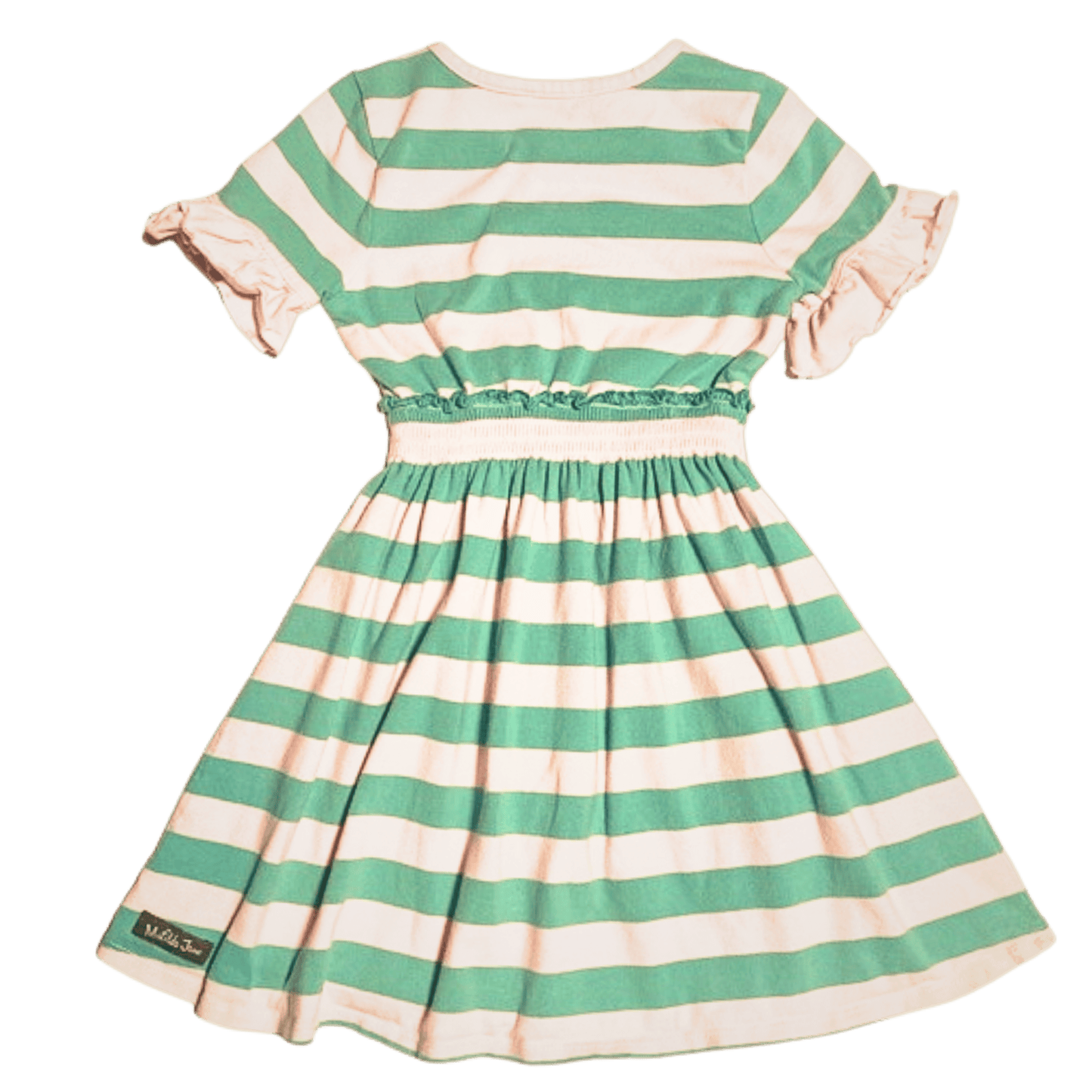 Green and white striped dress with ruffled sleeves on a transparent background