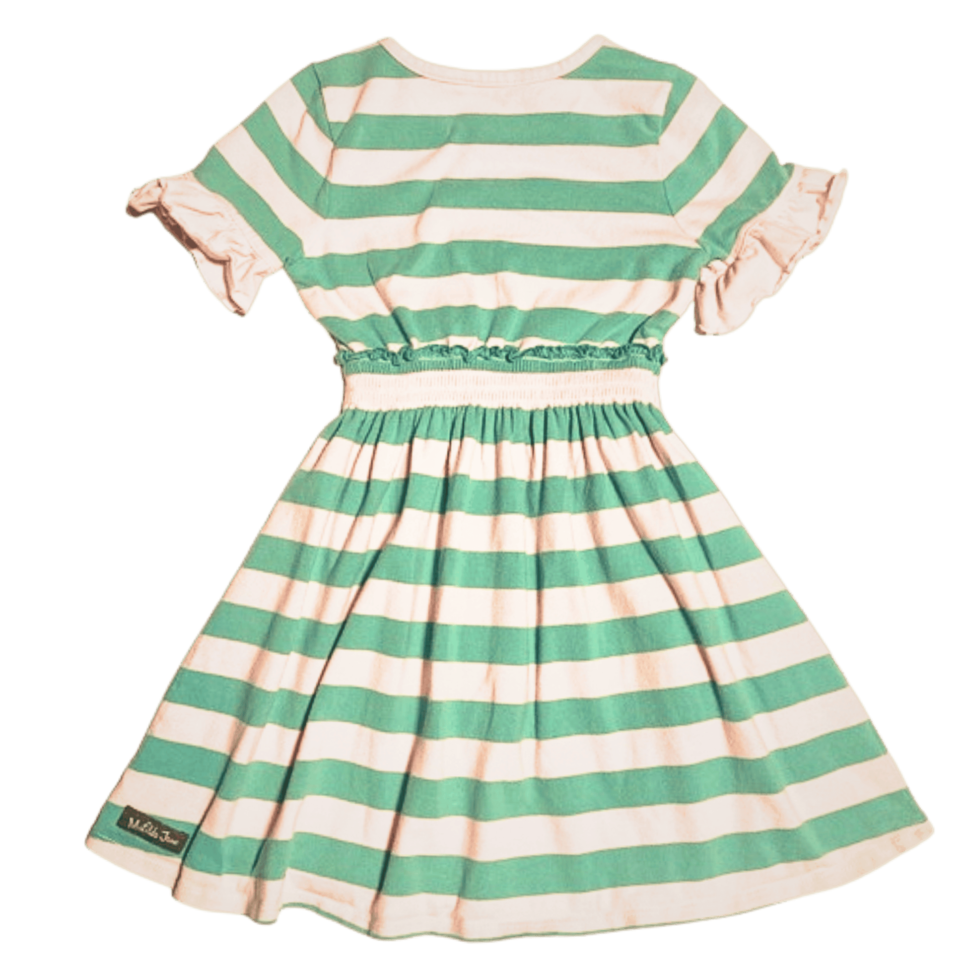 Green and white striped dress with ruffled sleeves on a transparent background