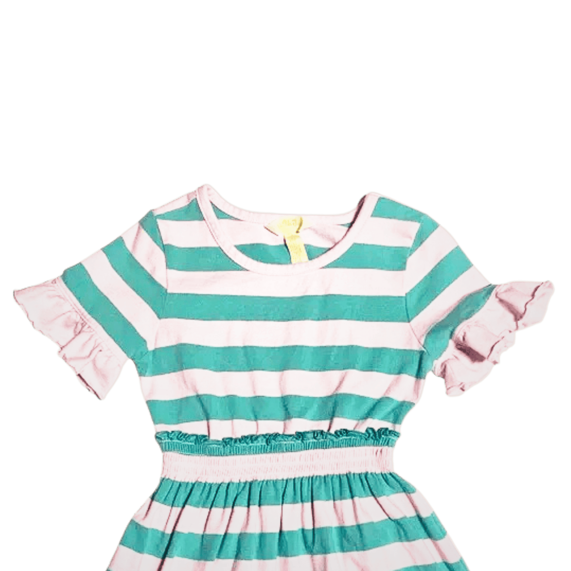 Striped dress with ruffled sleeves on a green background