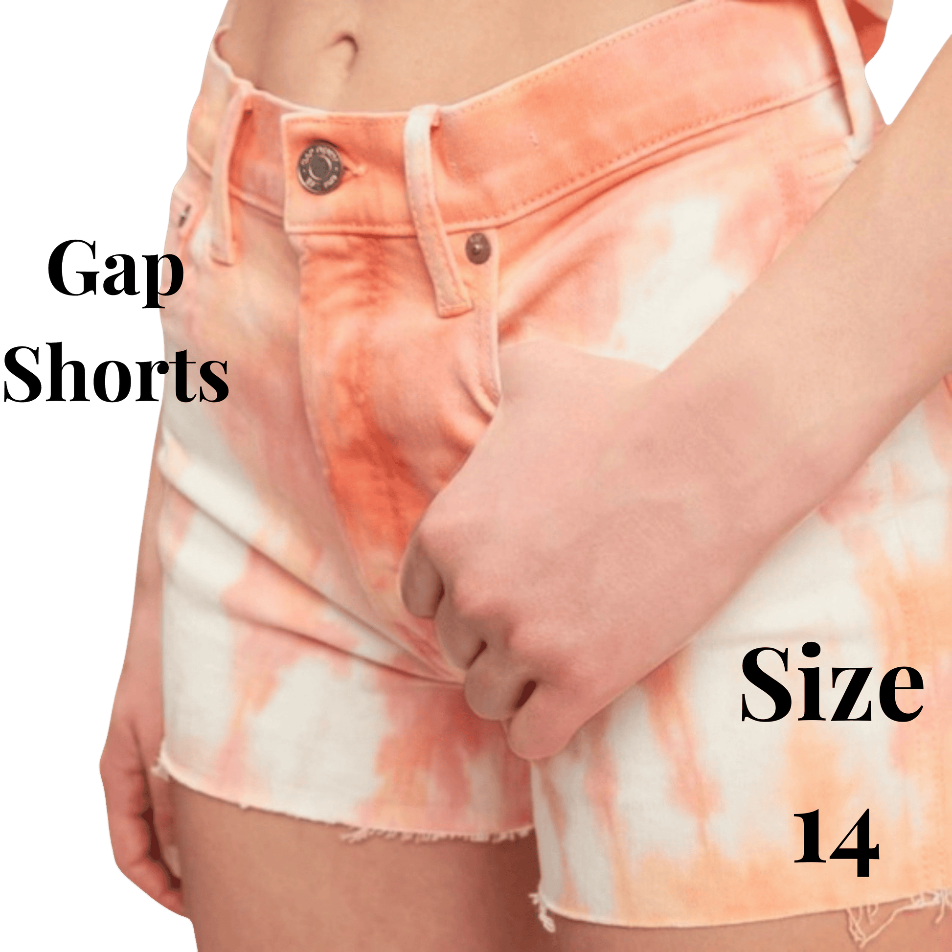 Tie-dye shorts with 'Gap Shorts' and 'Size 14' text on a green background