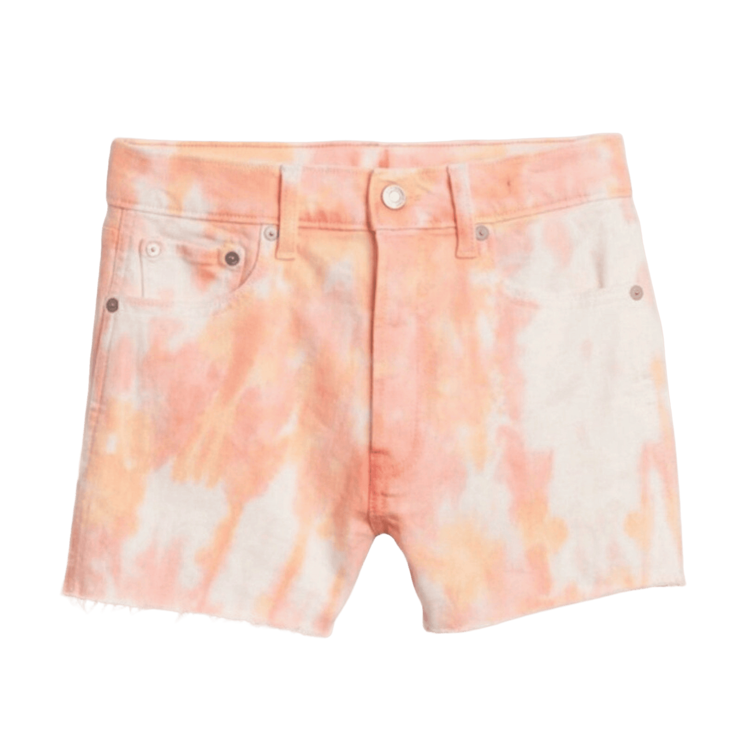 Tie-dye shorts with a pink and orange pattern on a transparent background