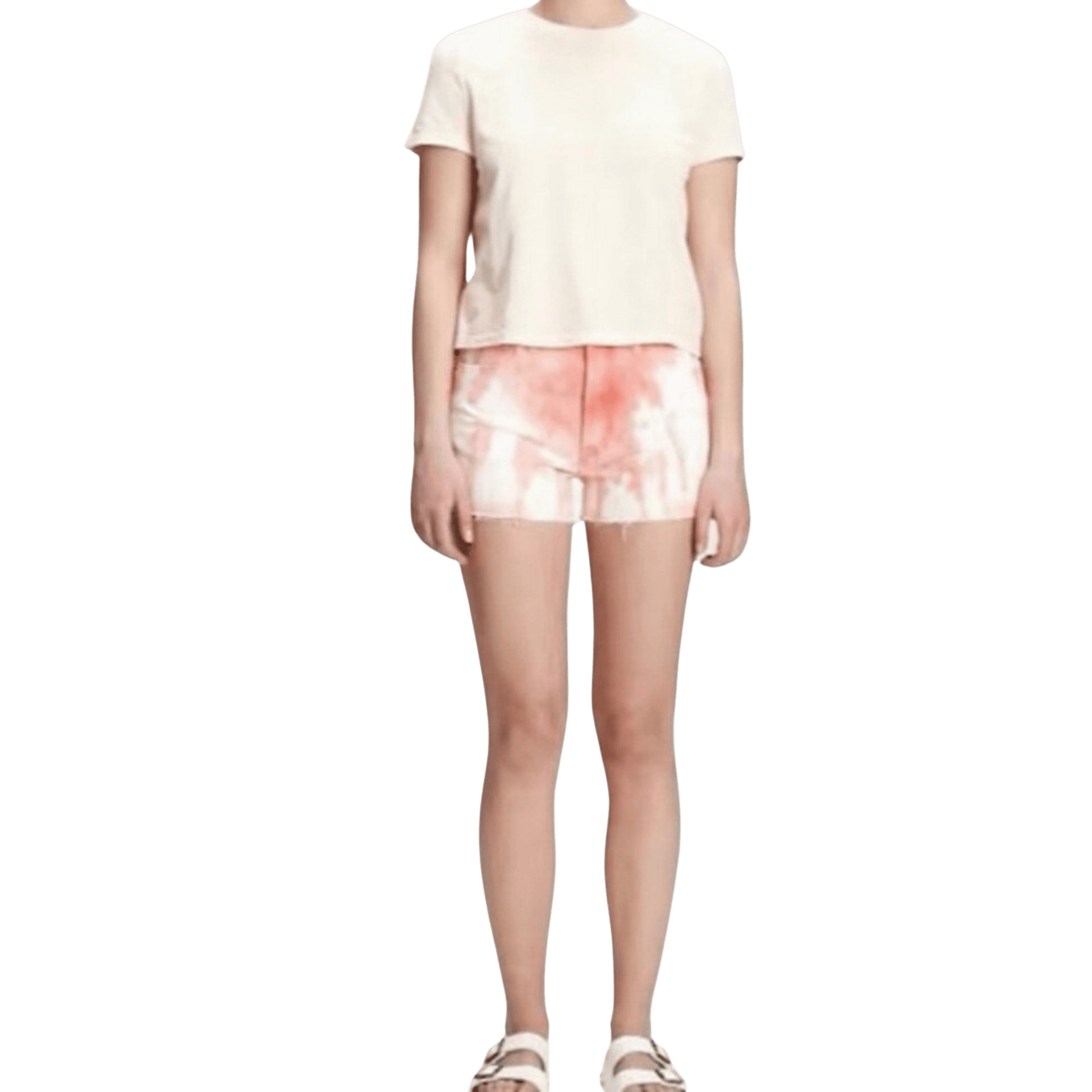 Person wearing a beige t-shirt and tie-dye shorts on a transparent background