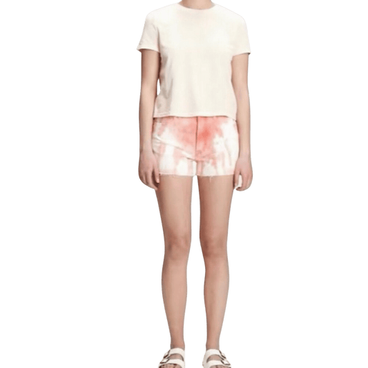 Person wearing a beige t-shirt and tie-dye shorts on a transparent background
