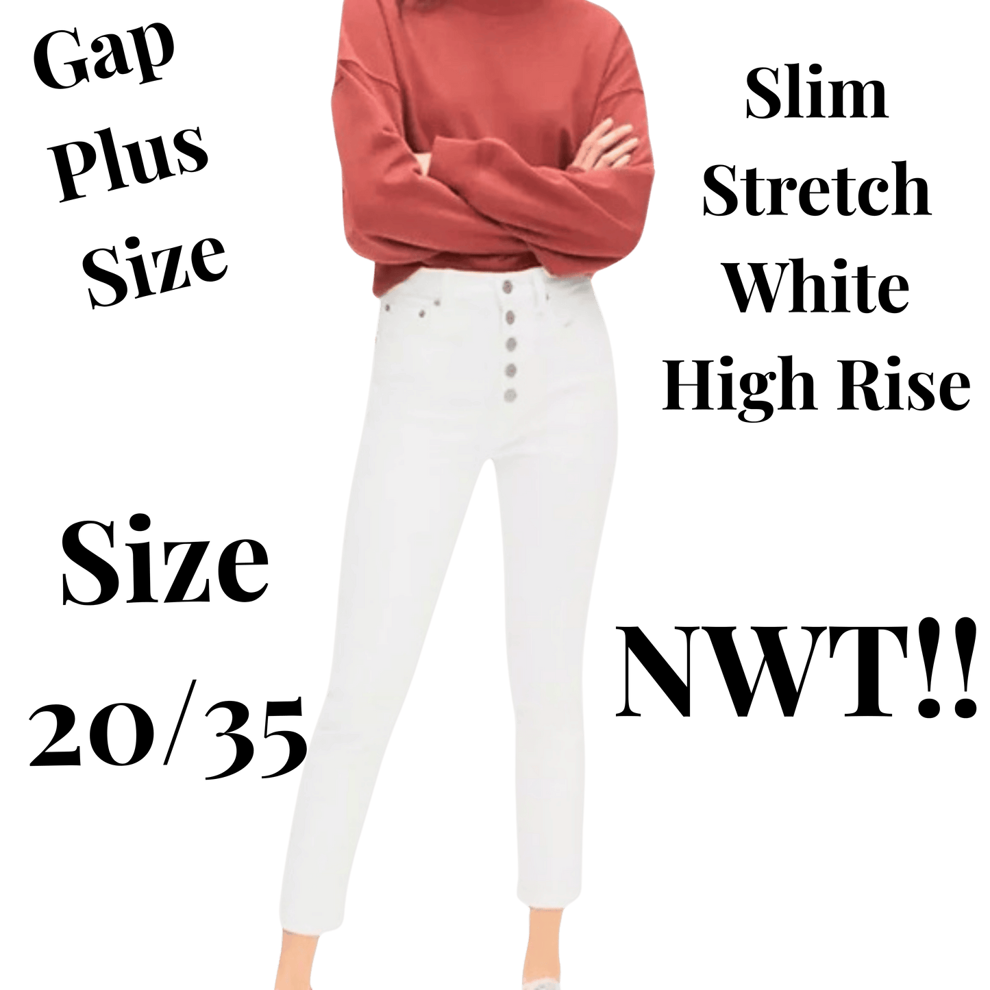 Person wearing a red sweater and white high-rise pants with text on a green background