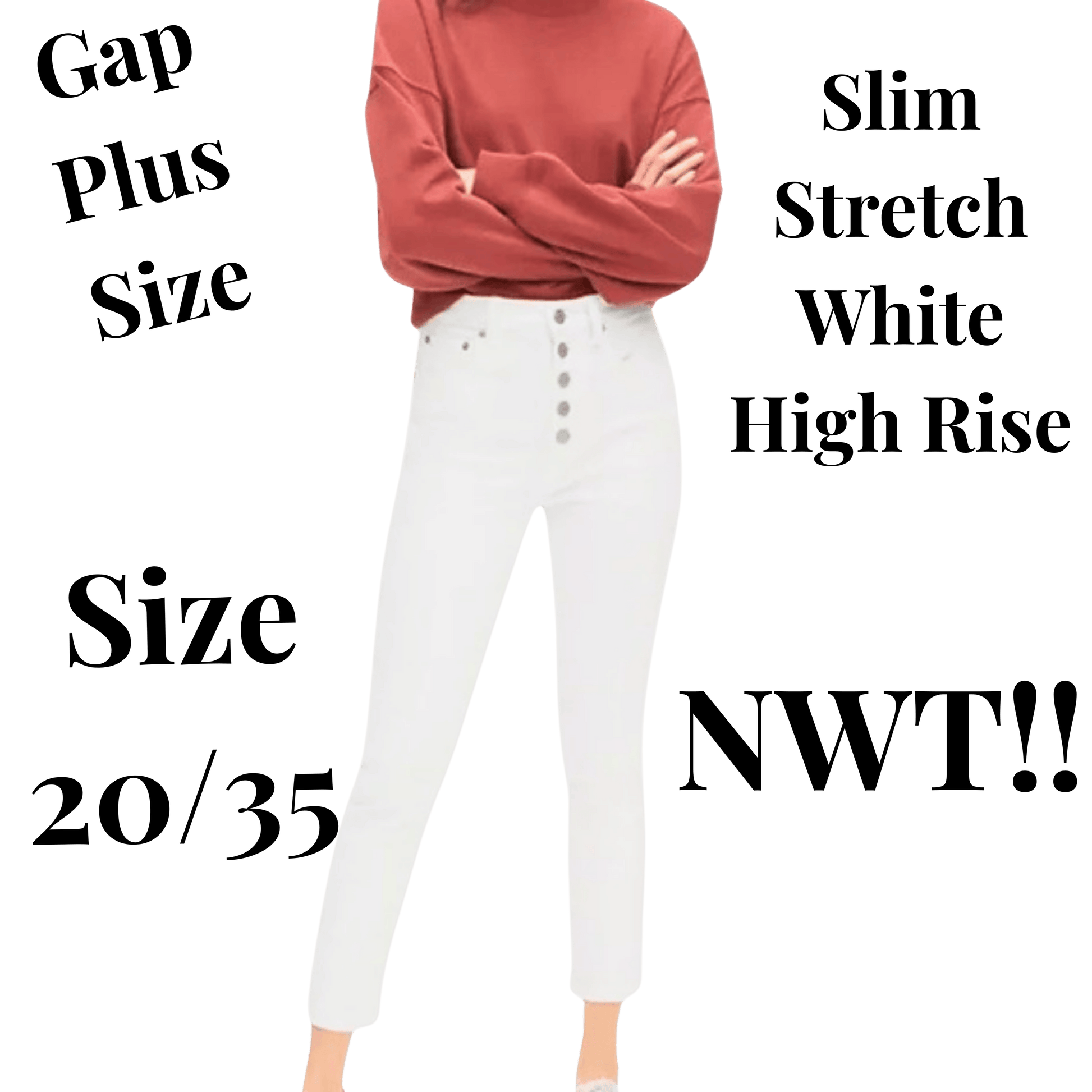 Person wearing a red sweater and white high-rise pants with text on a green background