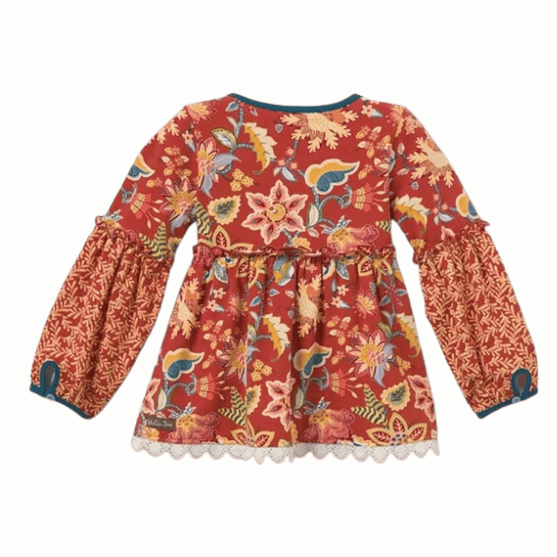 Red floral dress with long sleeves on a green background