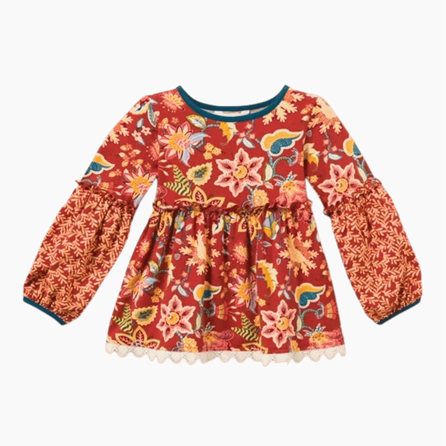 Red floral dress with long sleeves on a brown background