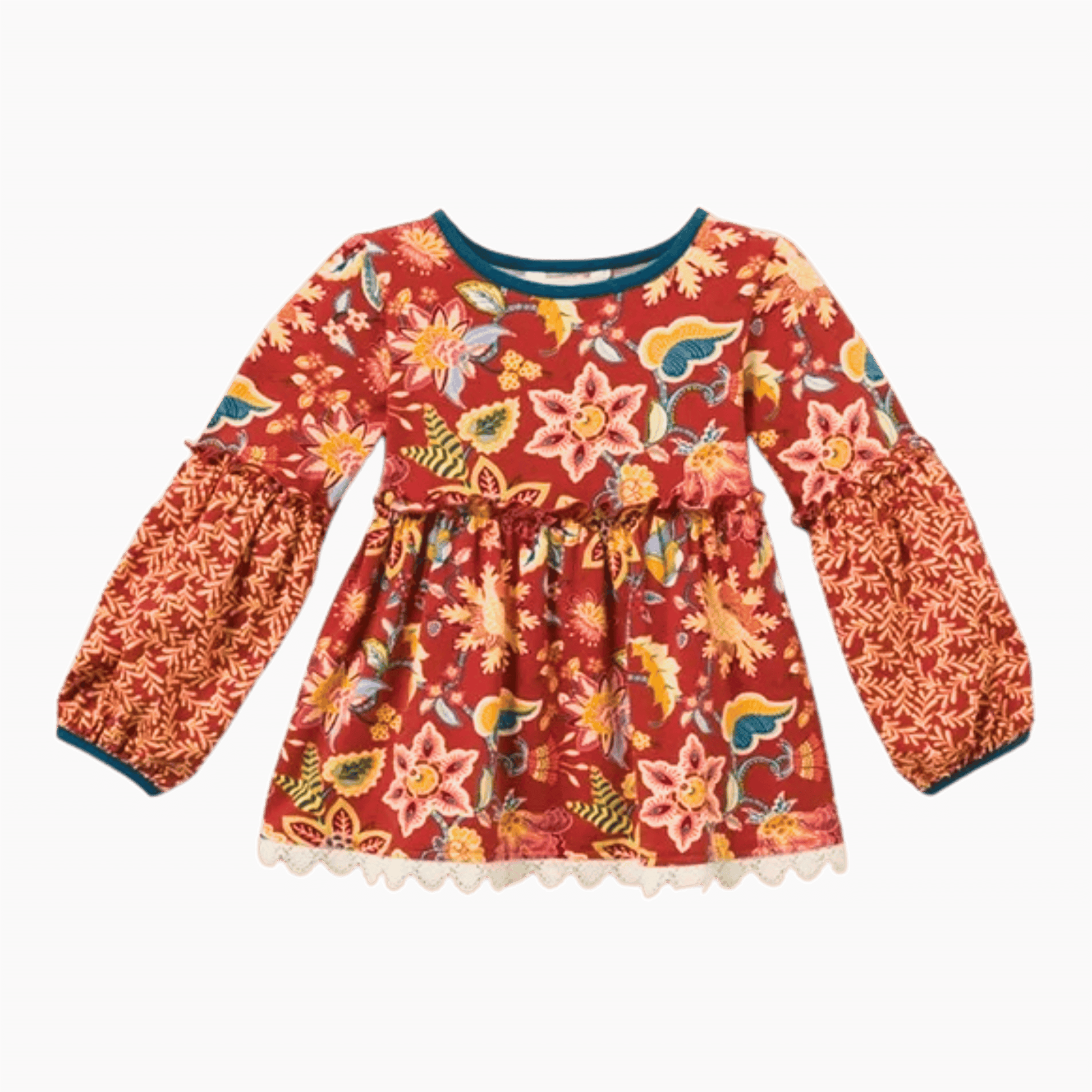 Red floral dress with long sleeves on a brown background