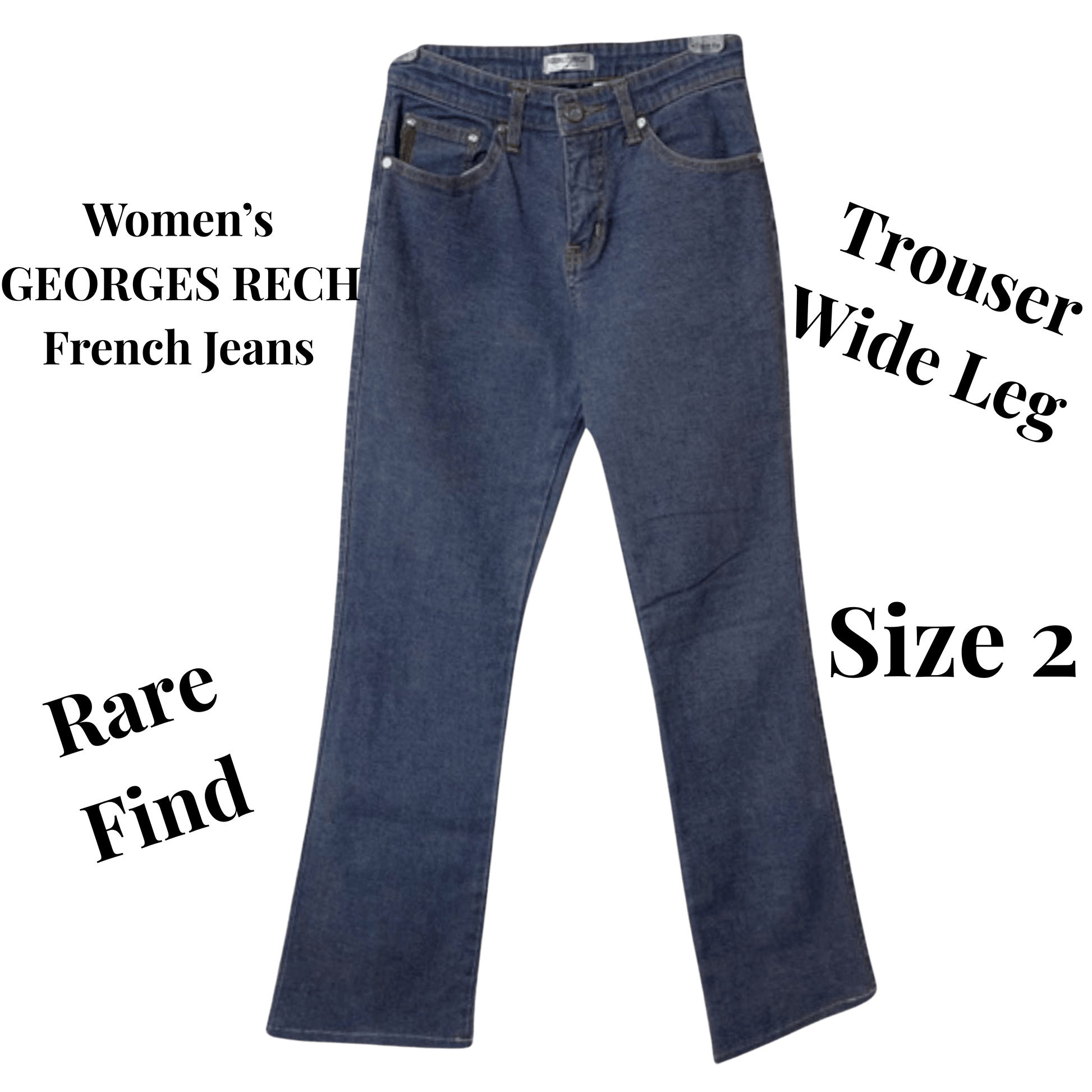 Blue jeans with text indicating brand, type, size, and rarity on a green background