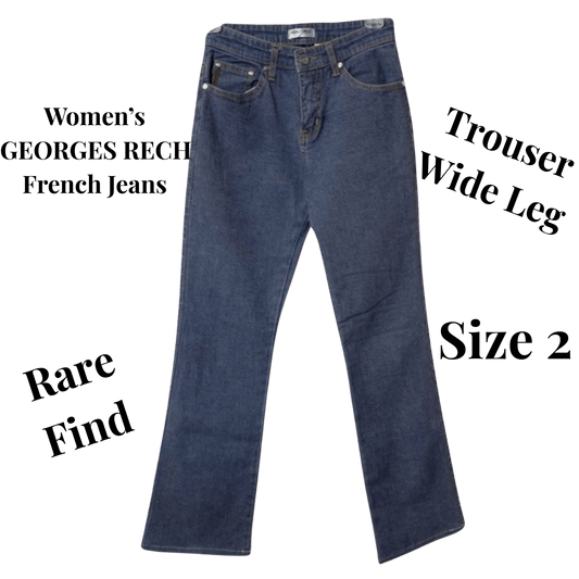 Blue jeans with text indicating brand, type, size, and rarity on a green background