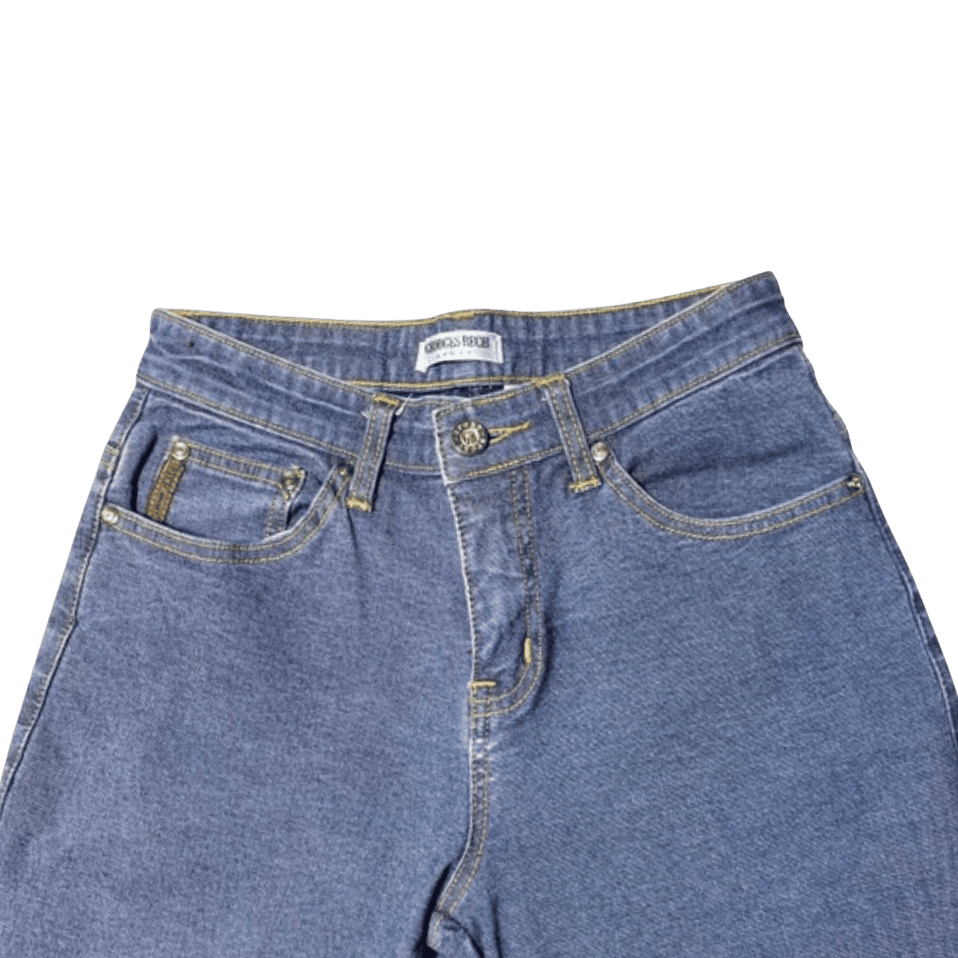 Blue jeans with a brand label on a transparent background