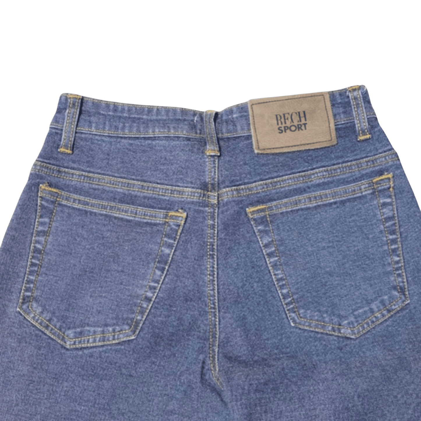 Blue jeans with a brand label on the back pocket against a transparent background