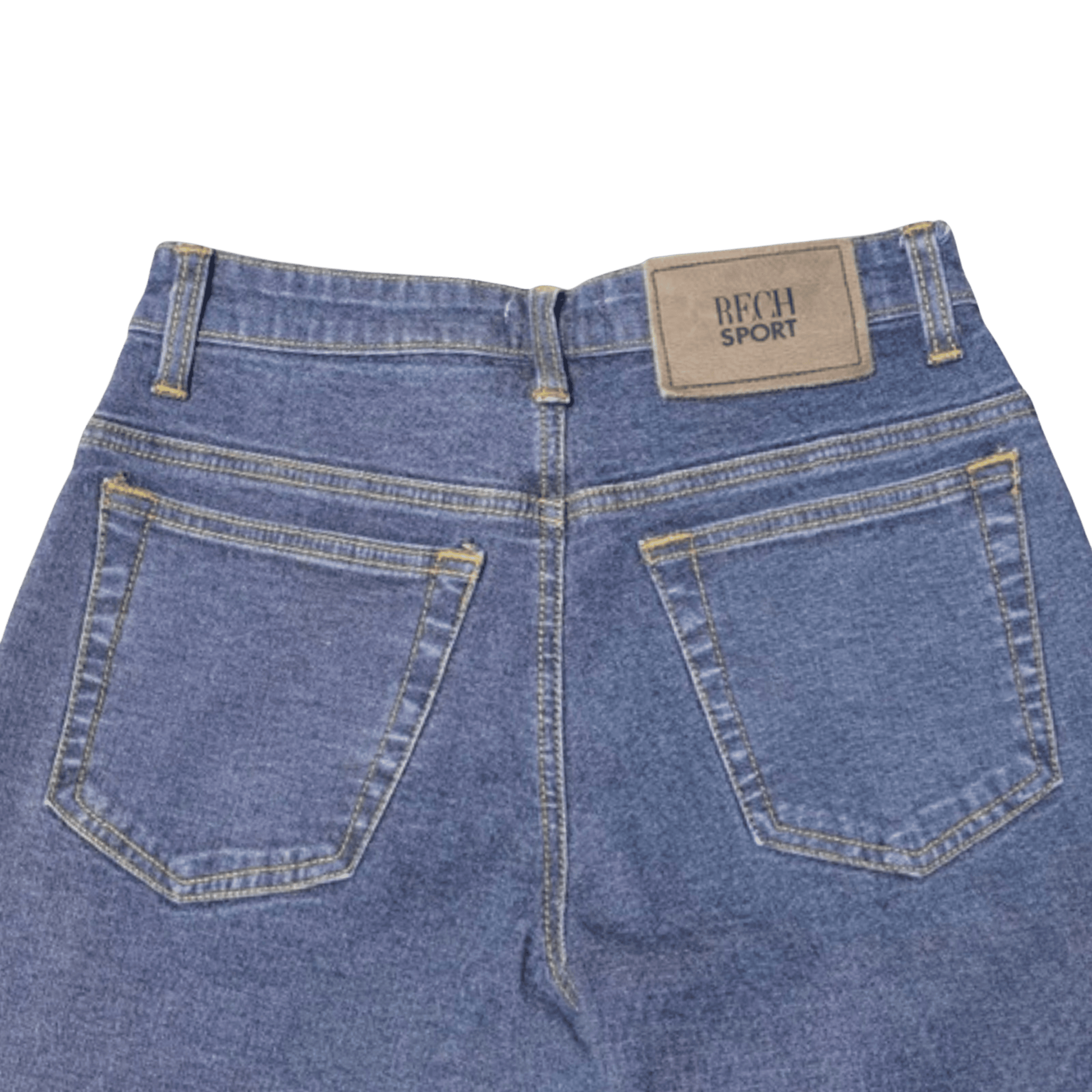 Blue jeans with a brand label on the back pocket against a transparent background