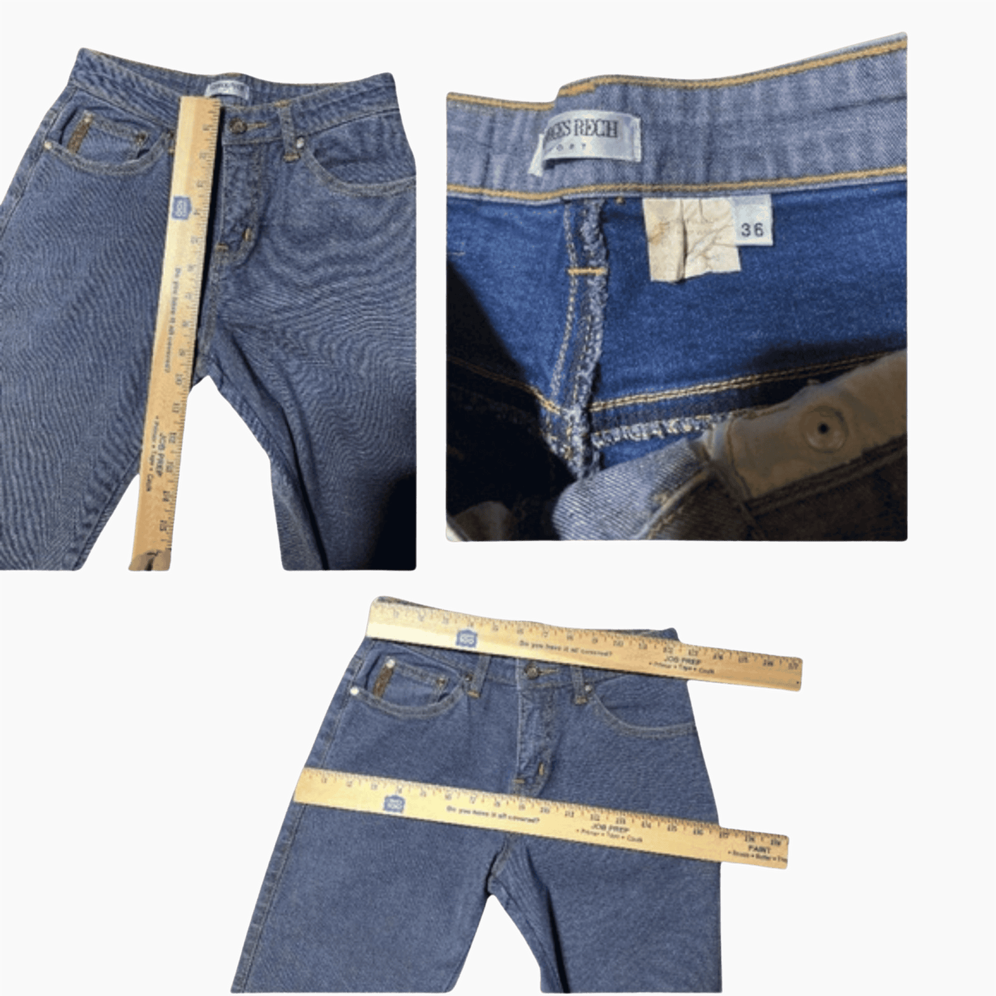 Collage of blue jeans with measurements and brand label on a gray background