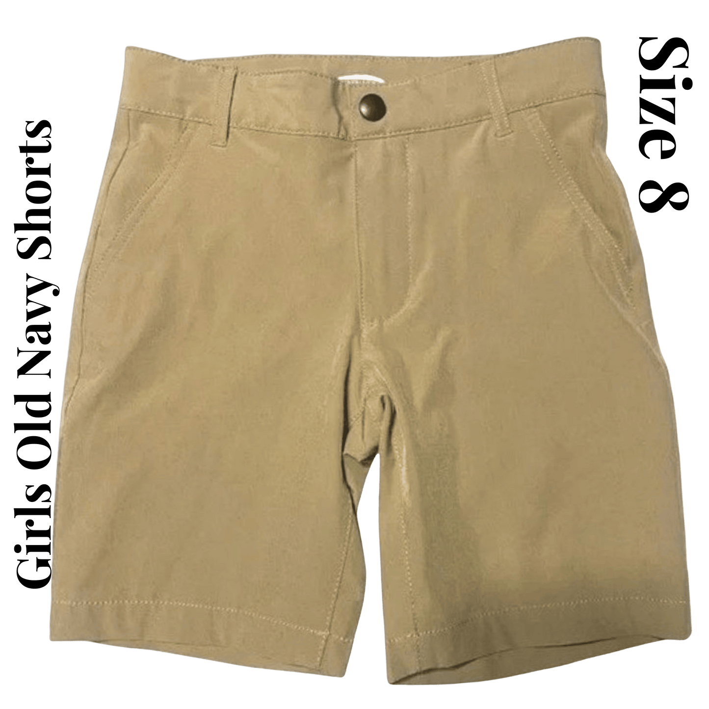 Beige shorts with 'Girls Old Navy Shorts' and 'Size 8' text on a transparent background