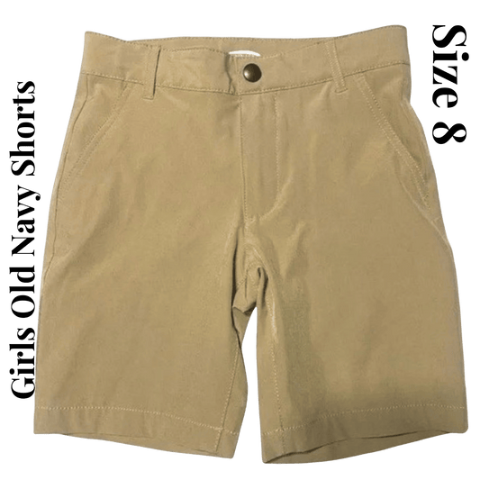 Beige shorts with 'Girls Old Navy Shorts' and 'Size 8' text on a transparent background