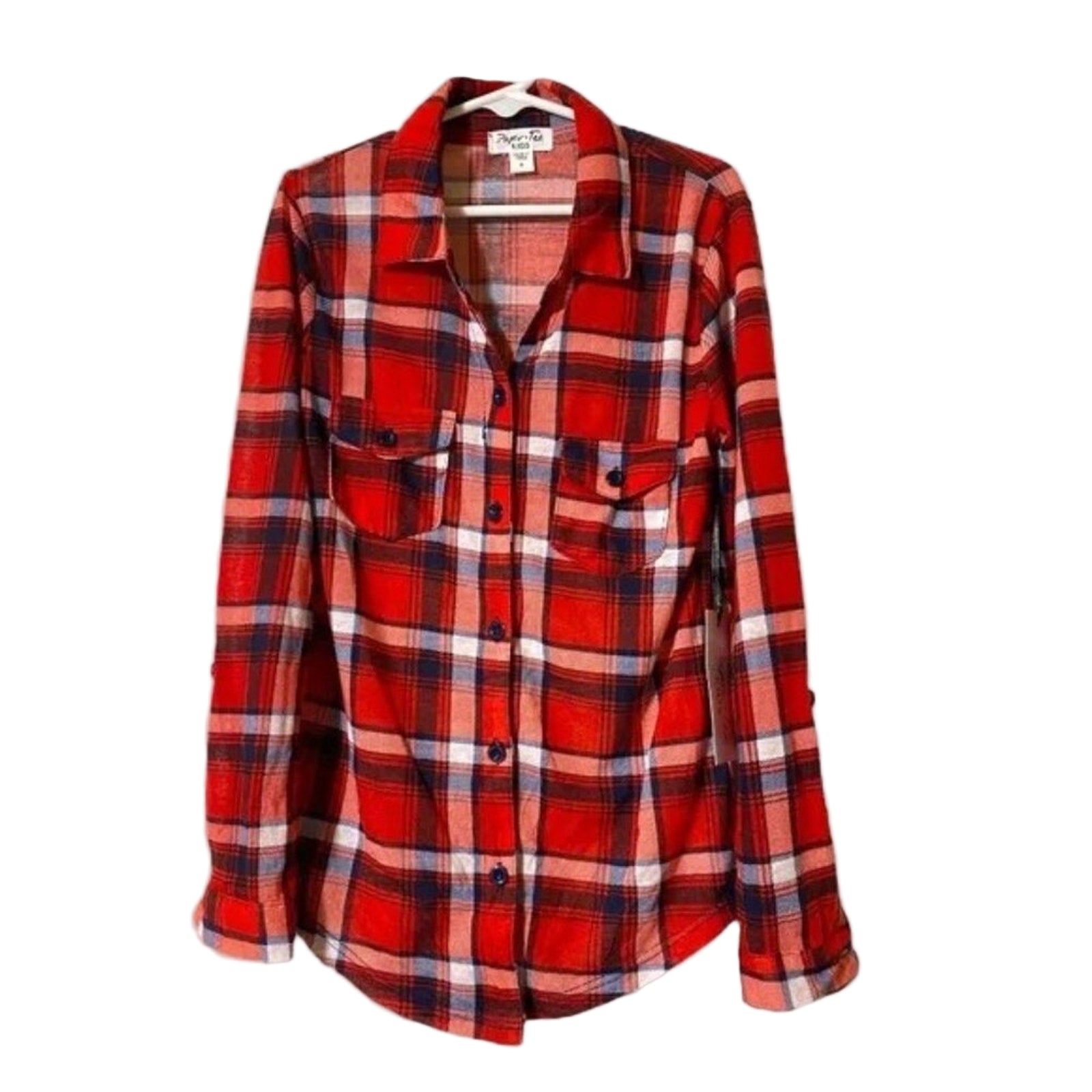 Red and white plaid shirt on a gray background