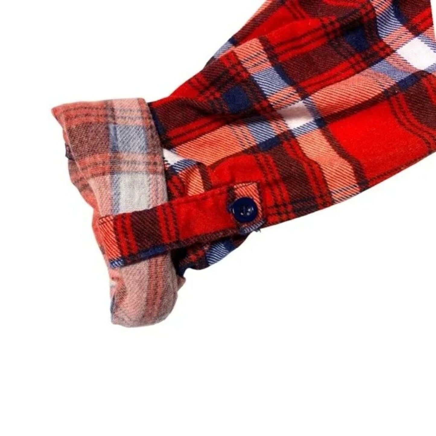 Red plaid fabric with a button on a white background