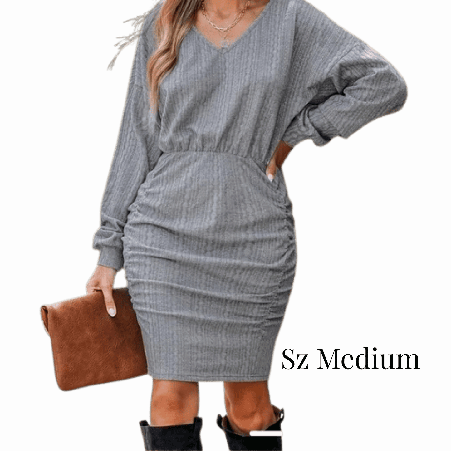 Gray dress worn by a model on a transparent background