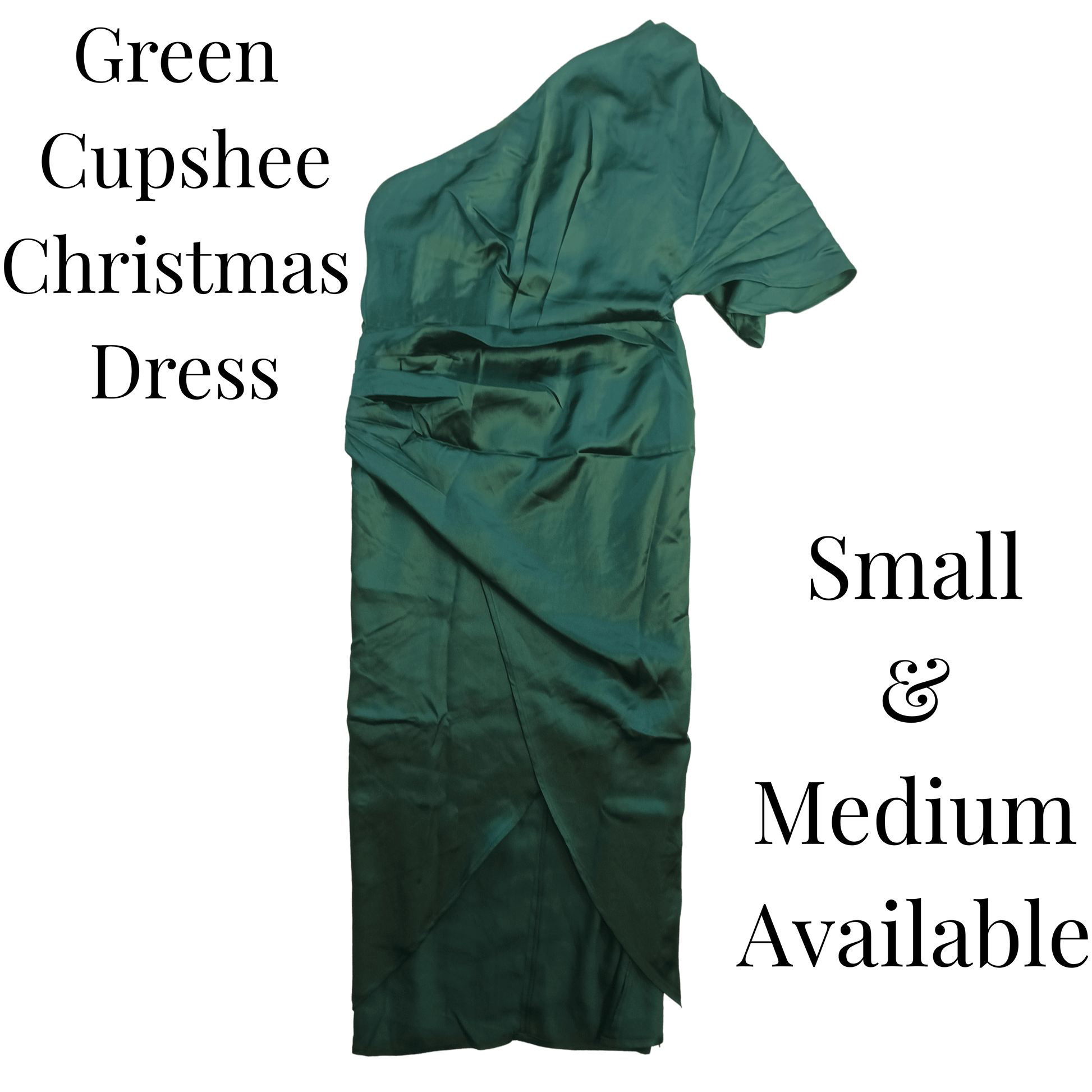 Green cupshee Christmas dress on a green background with text indicating size availability.
