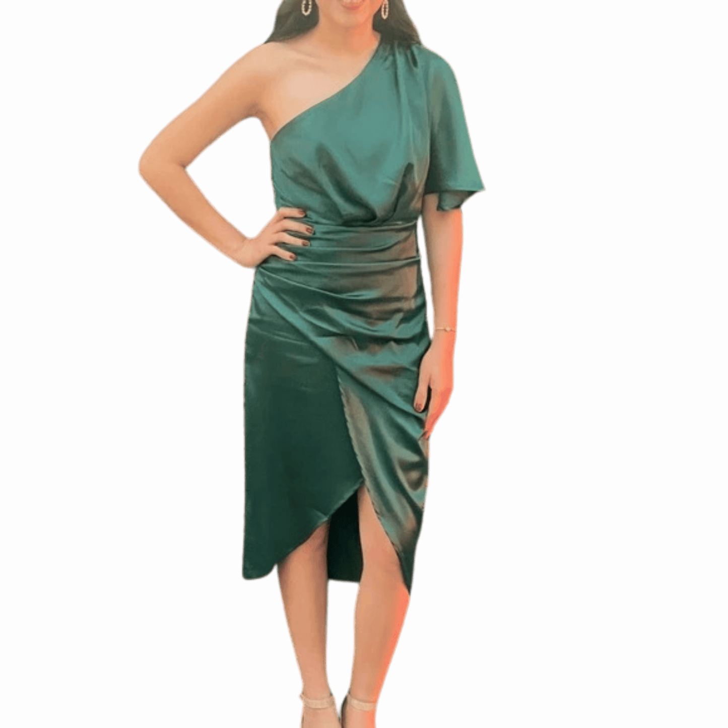 Green one-shoulder dress on a model against a gray background