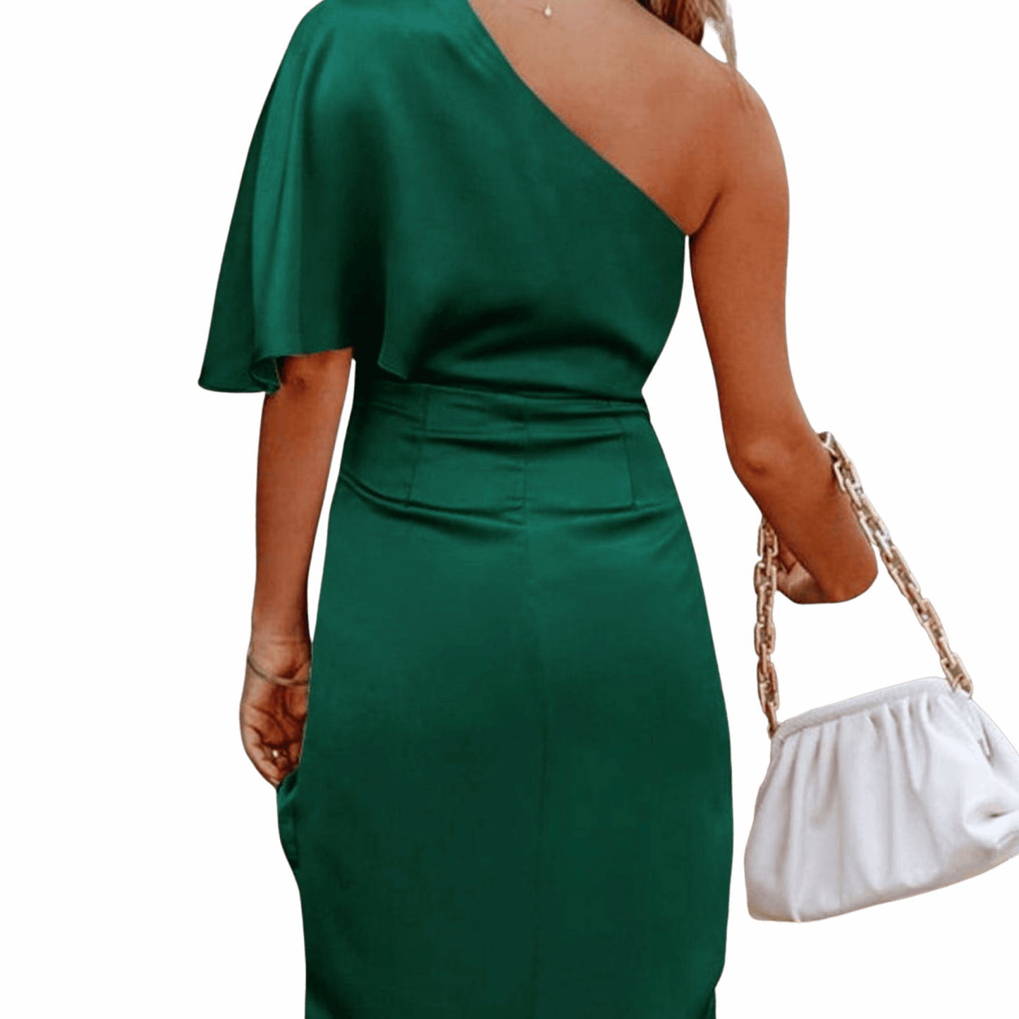 Person wearing a green dress holding a white handbag against a blue background
