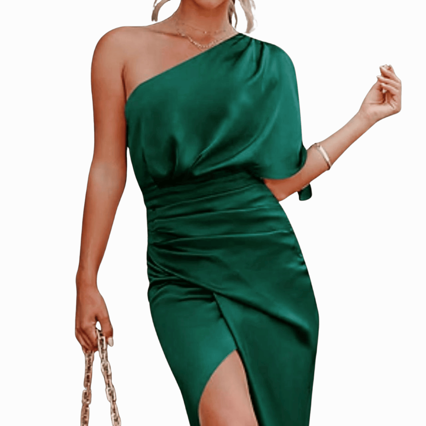 Green one-shoulder dress with a slit on a transparent background