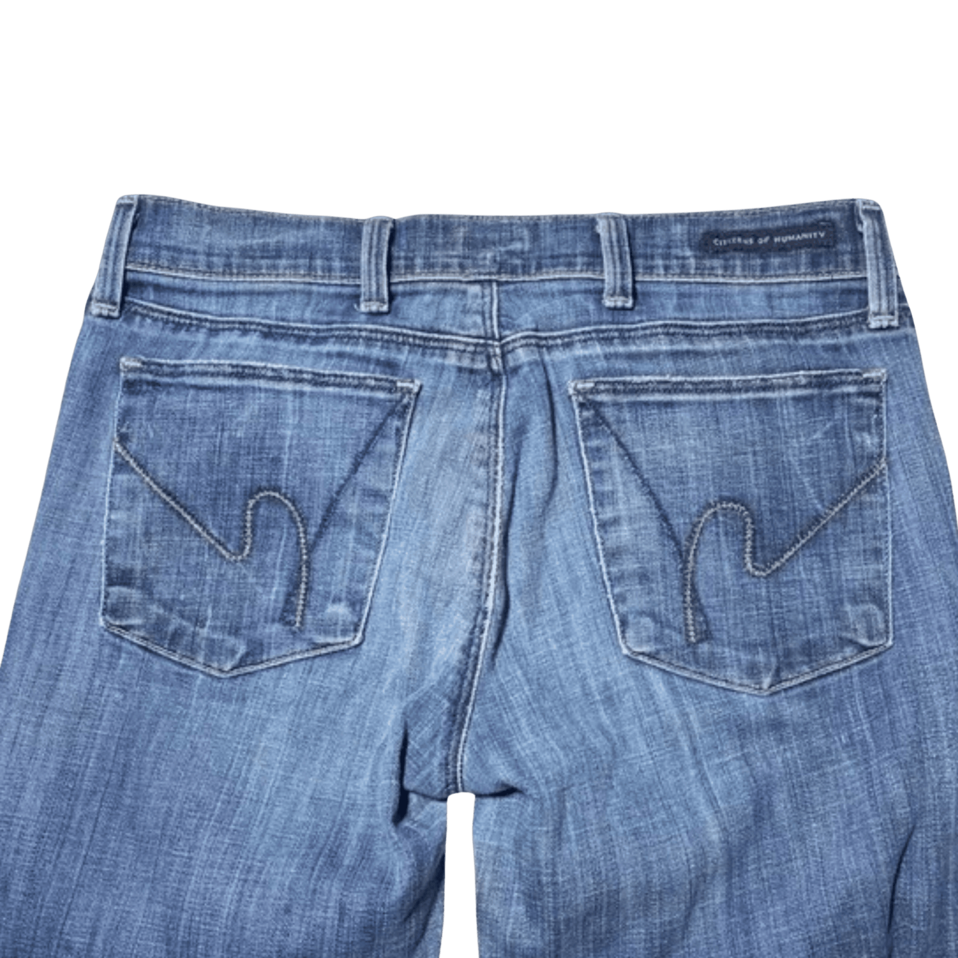 Back view of blue jeans with a visible brand label on a transparent background