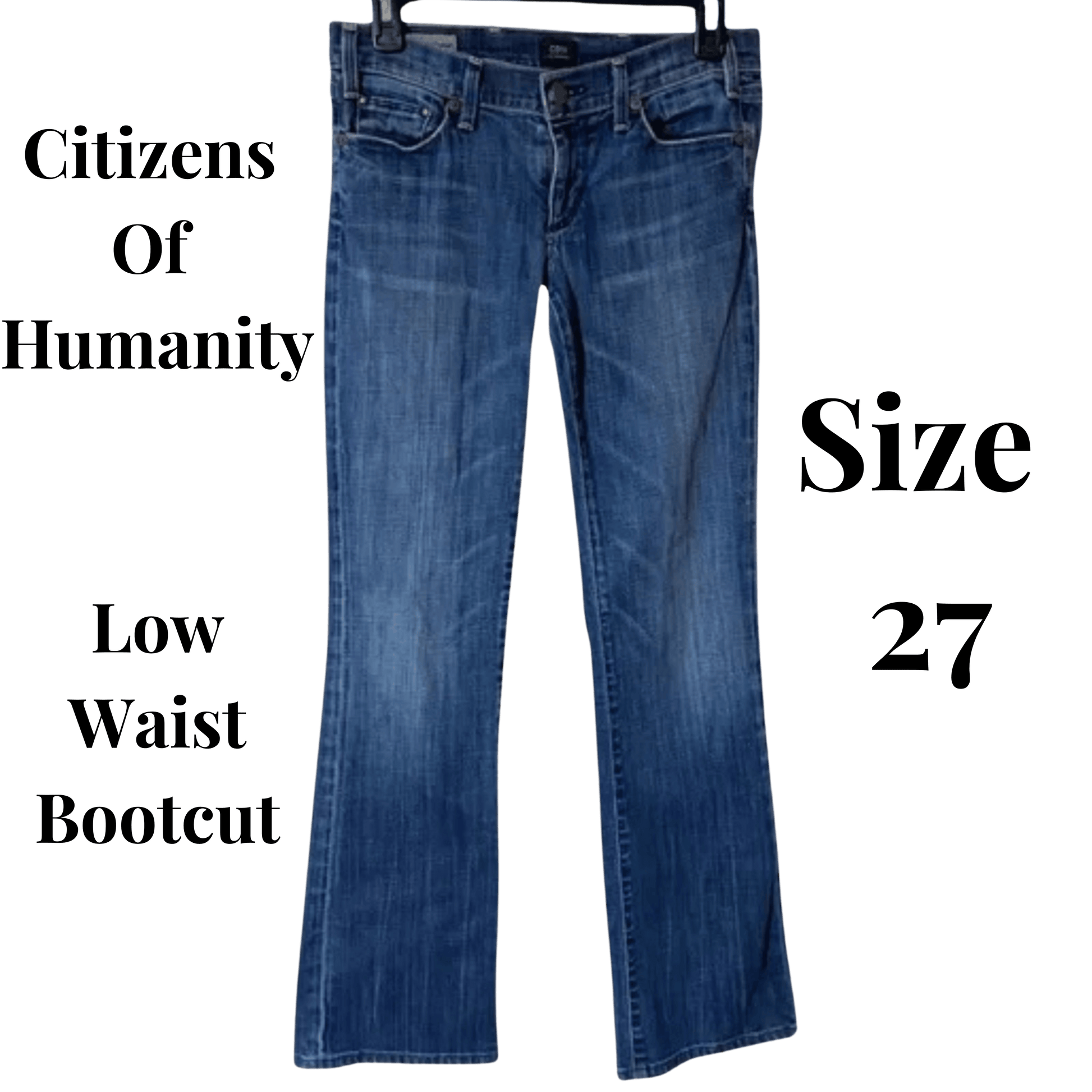 Blue low waist bootcut jeans on a transparent background with 'Citizens Of Humanity' branding.