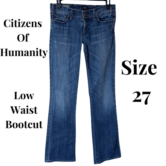 Blue low waist bootcut jeans on a transparent background with 'Citizens Of Humanity' branding.