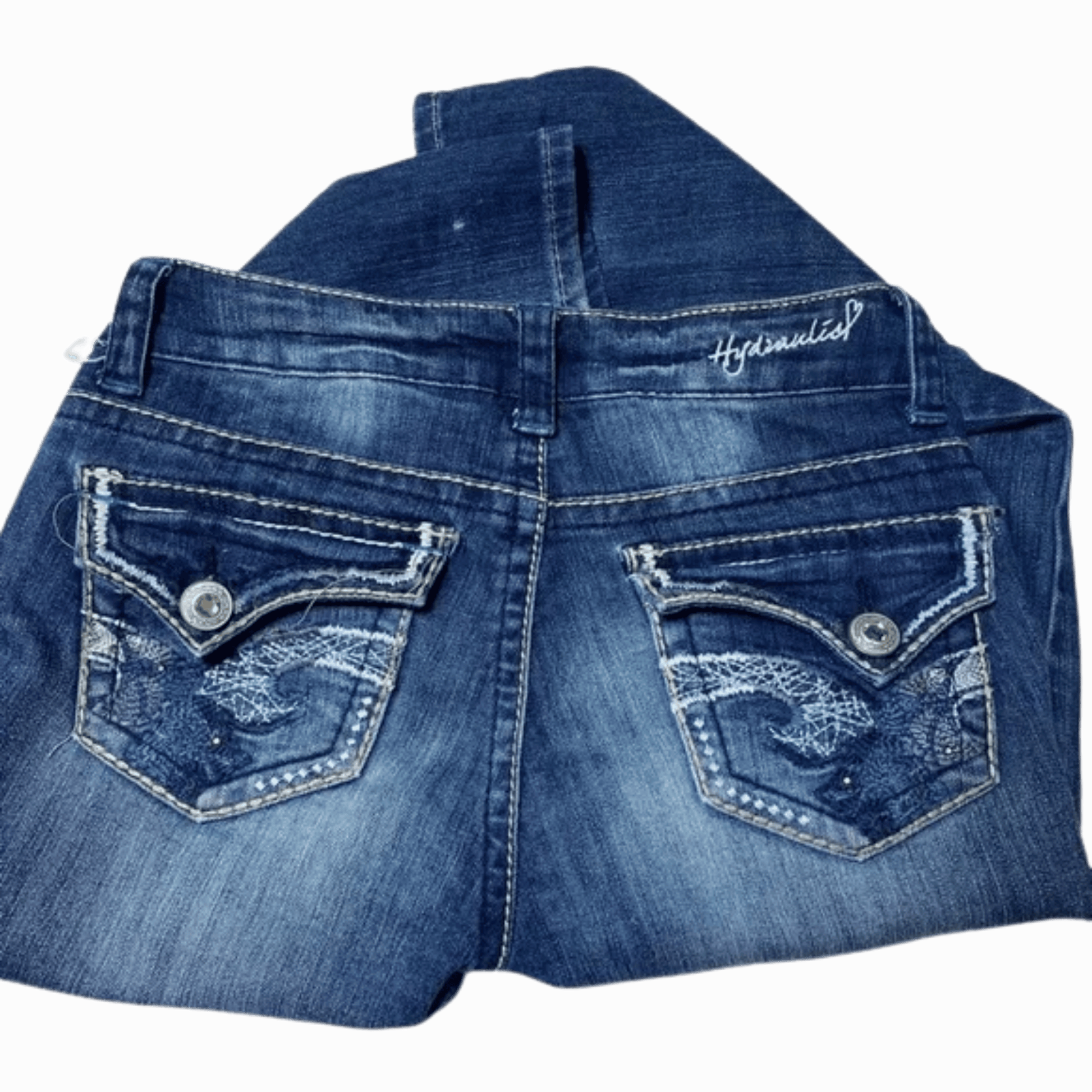 Blue denim shorts with brand logo on a gray background